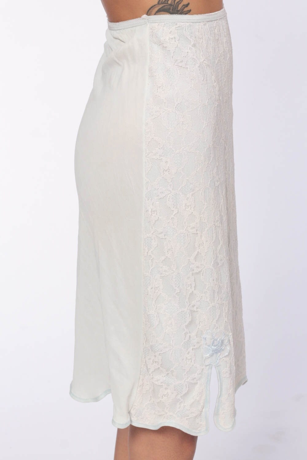 70s Blue Lace Half Slip Midi Skirt High Waisted Nylon Lingerie Extra Small