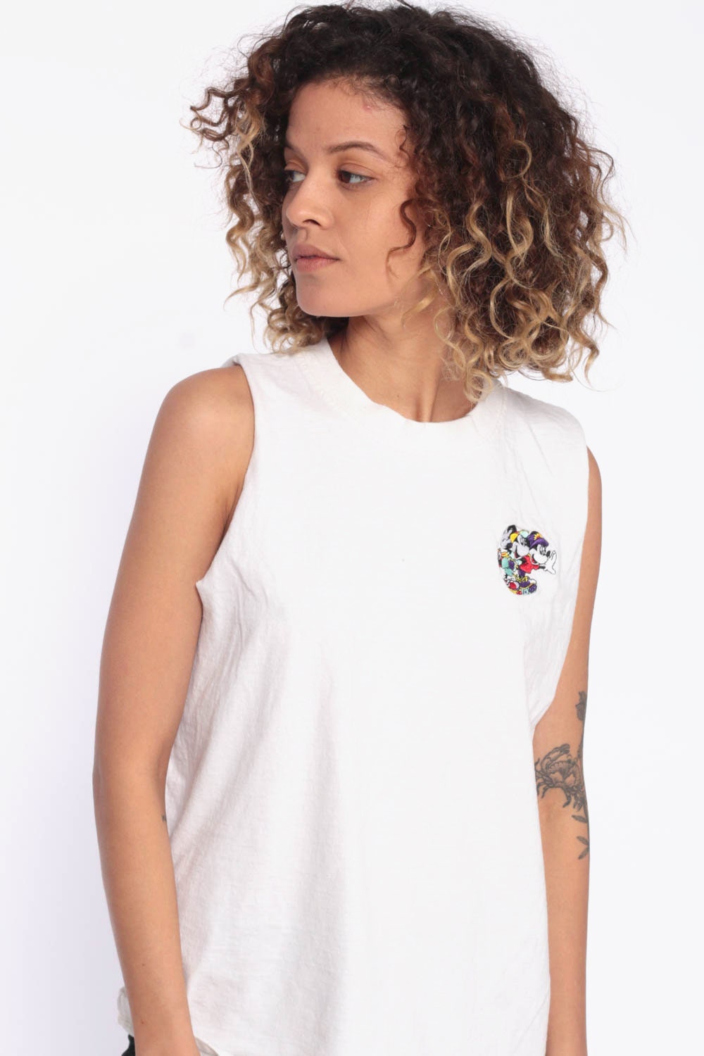 80s Mickey & Minnie Mouse Roller Skating Tank Top White Cotton Medium