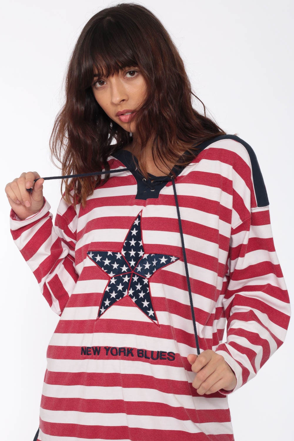 80s Striped Star Long Sleeve Shirt Red White Blue Nautical Medium Large