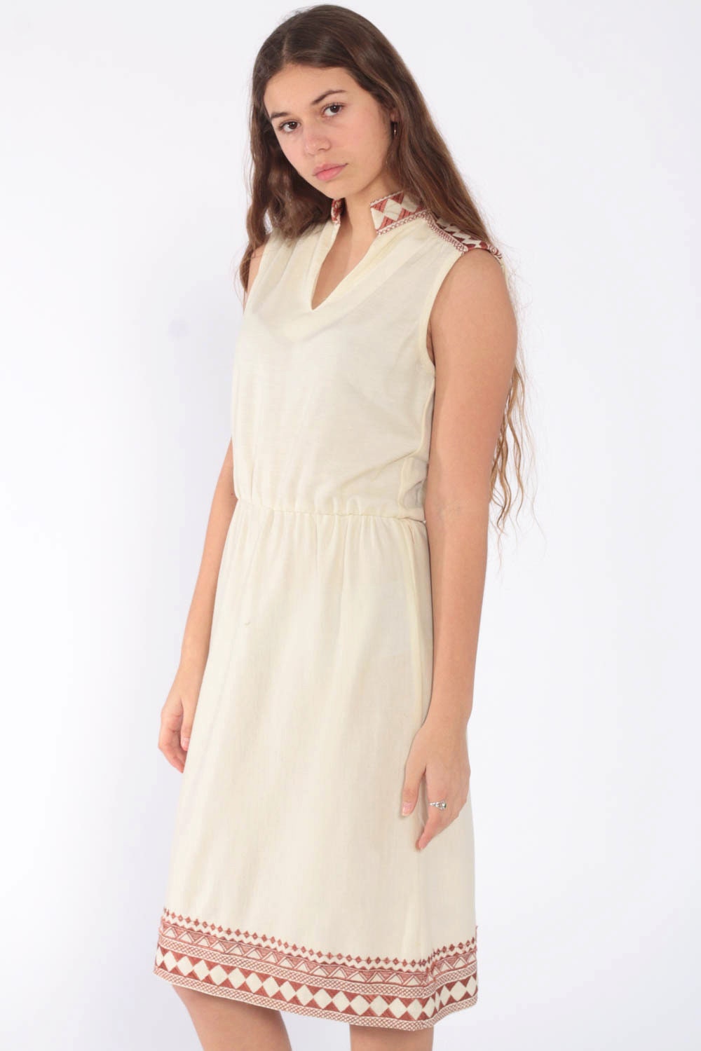 70s Cream Midi Dress High Waist Geometric Copper Trim Sleeveless Extra Small