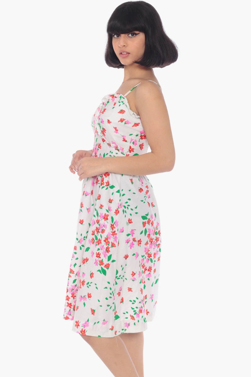 70s White Floral Midi Sundress Pink Red Print High Waist Spaghetti Strap Extra Small