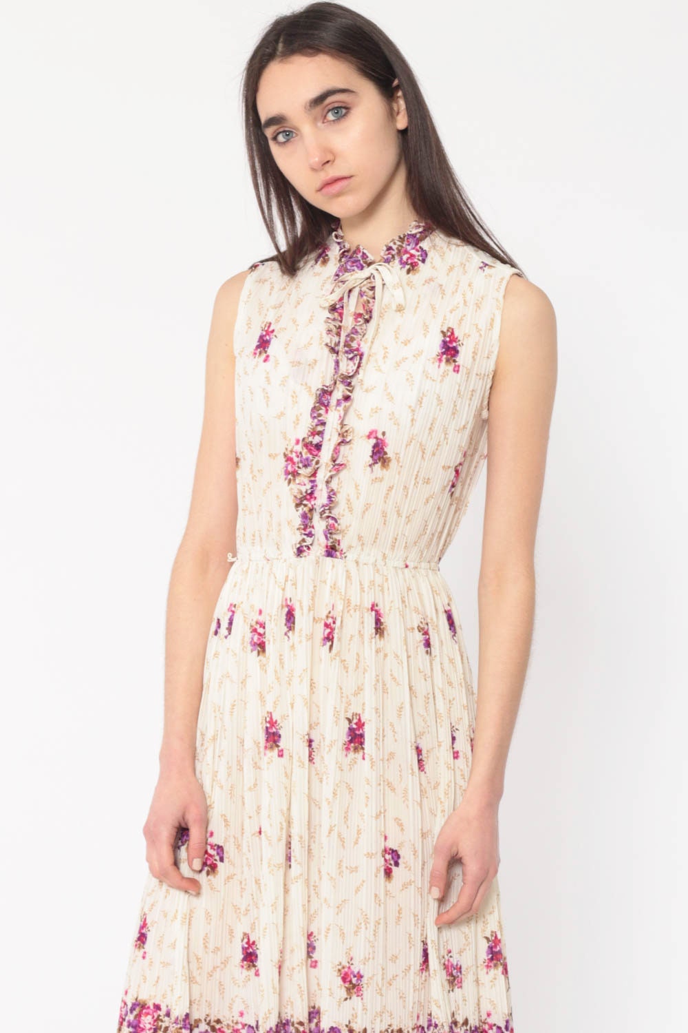 70s Floral Midi Dress Knife Pleat High Waist Keyhole Bow Necktie Sleeveless Small