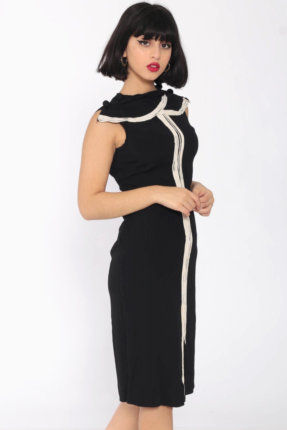1960s Black Sheath Dress White Collar Sleeveless Midi Extra Small