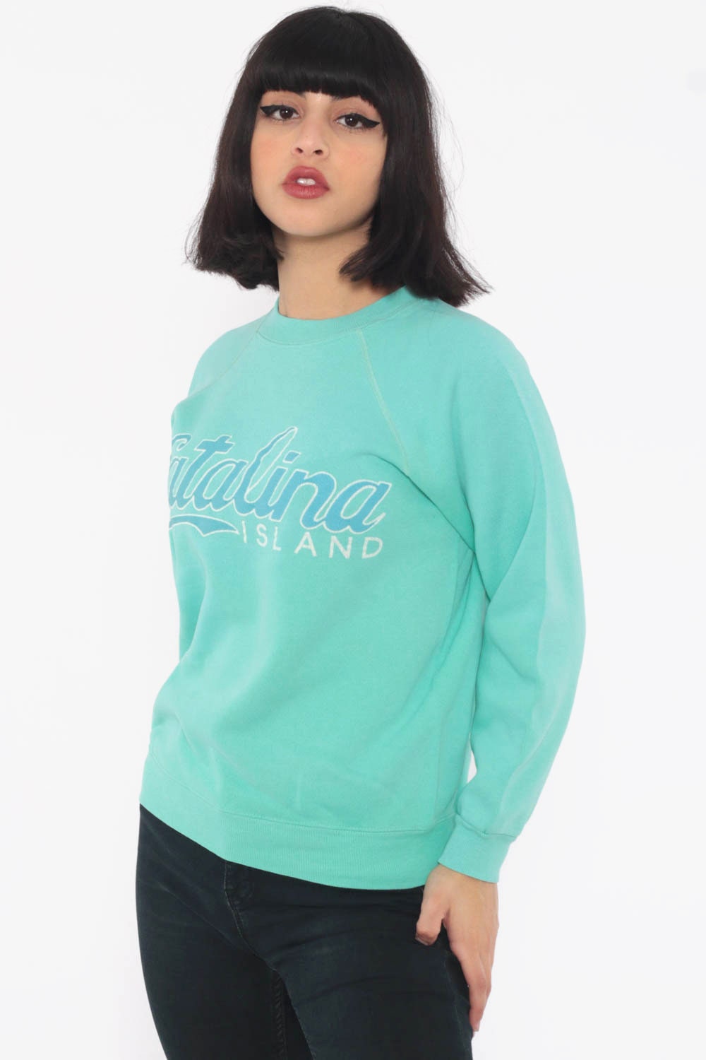 80s Catalina Island California Raglan Sweatshirt Turquoise Graphic Crewneck Extra Small
