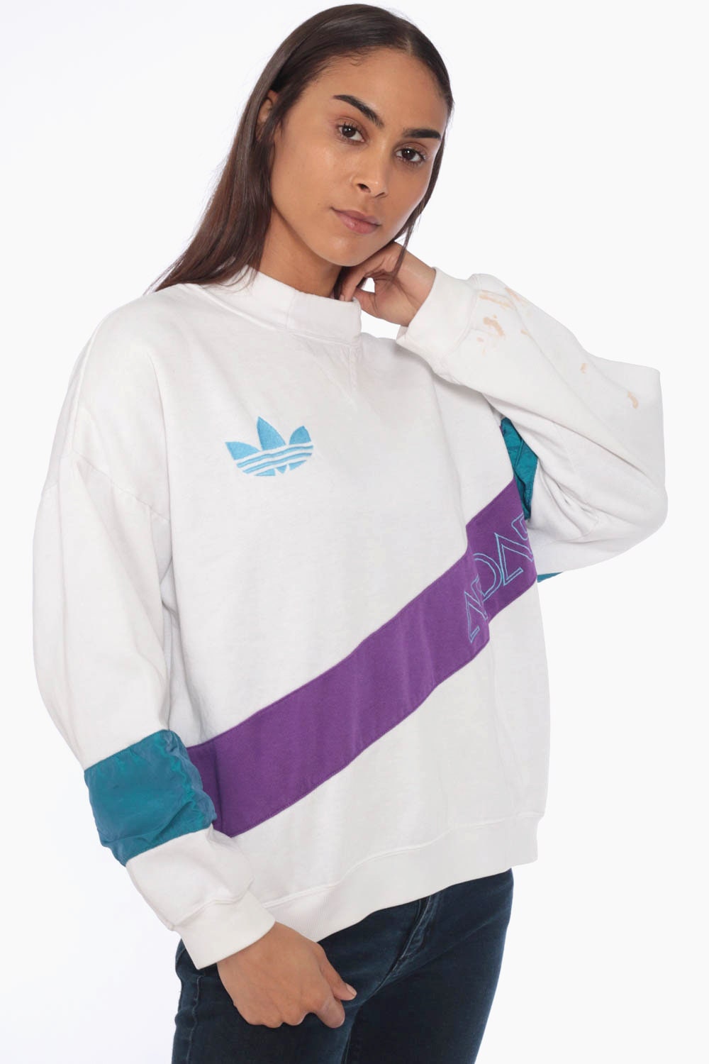 90s Adidas Trefoil Crewneck Sweatshirt Purple White Colour Block Large
