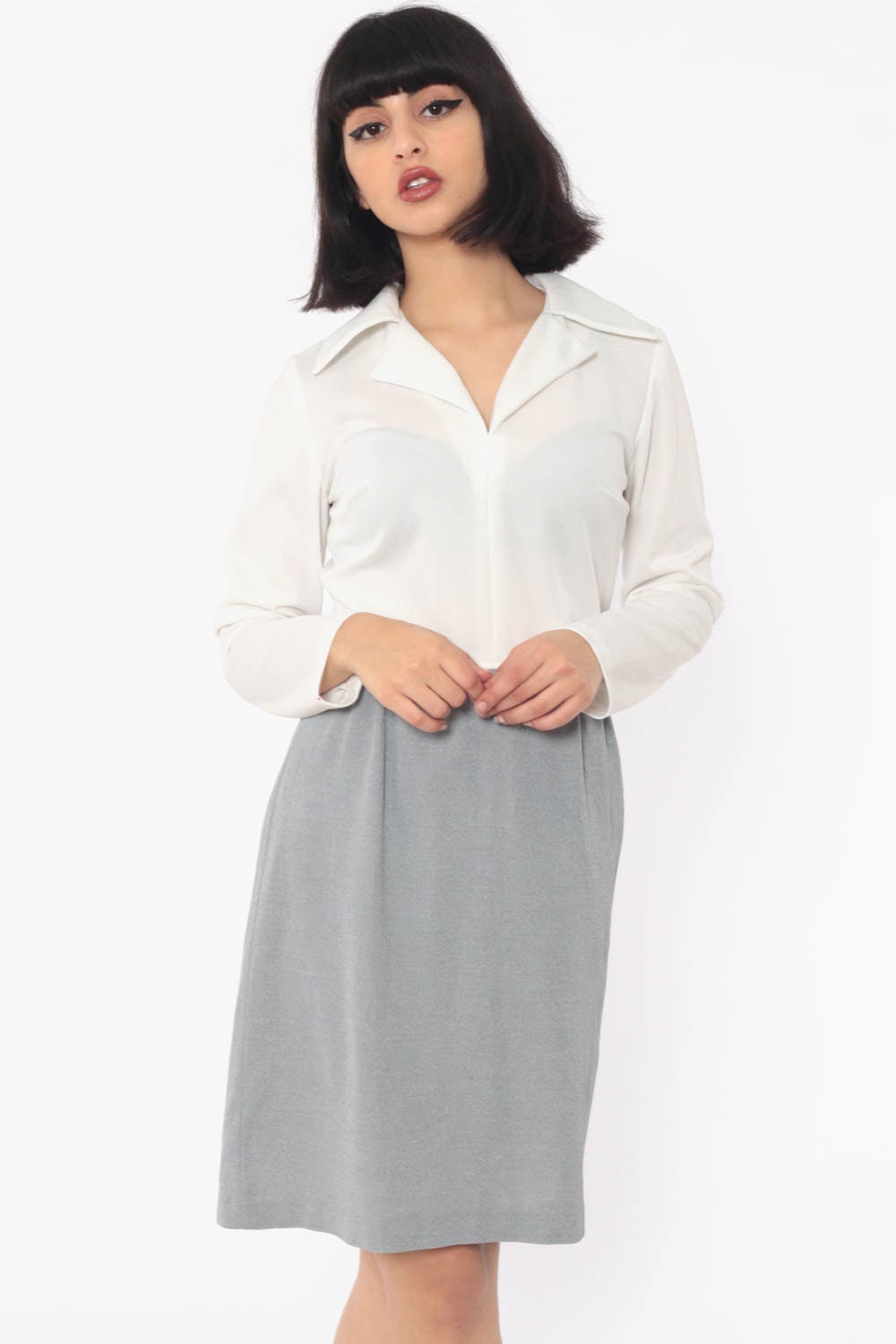 60s Mod Mini Dress High Waist Grey White Colour Block Polyester Small
