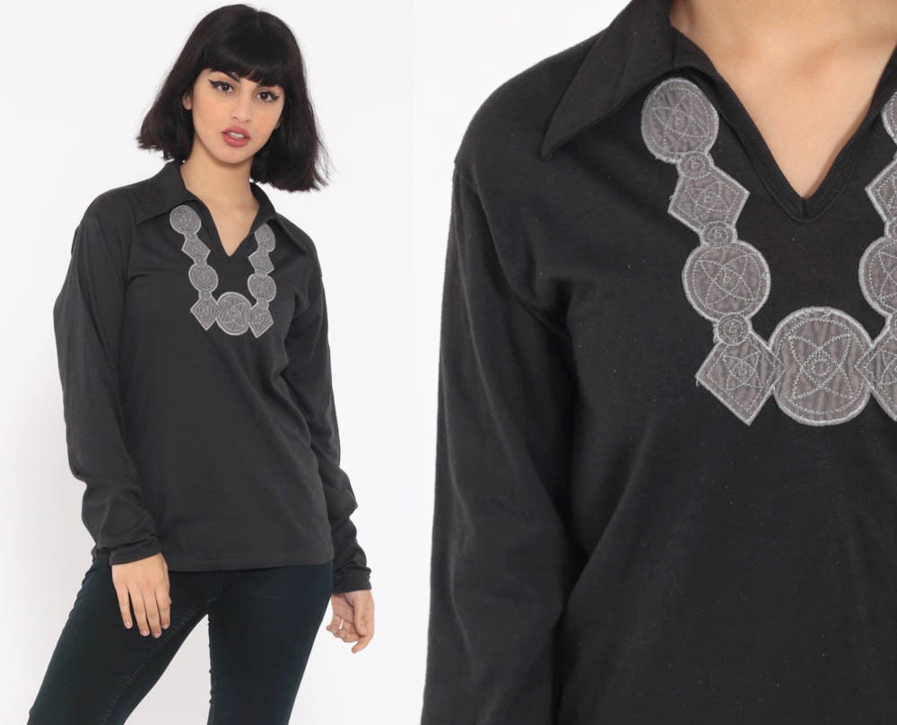 70s Esprit Black Embroidered Blouse V-Neck Collared Long Sleeve Medium