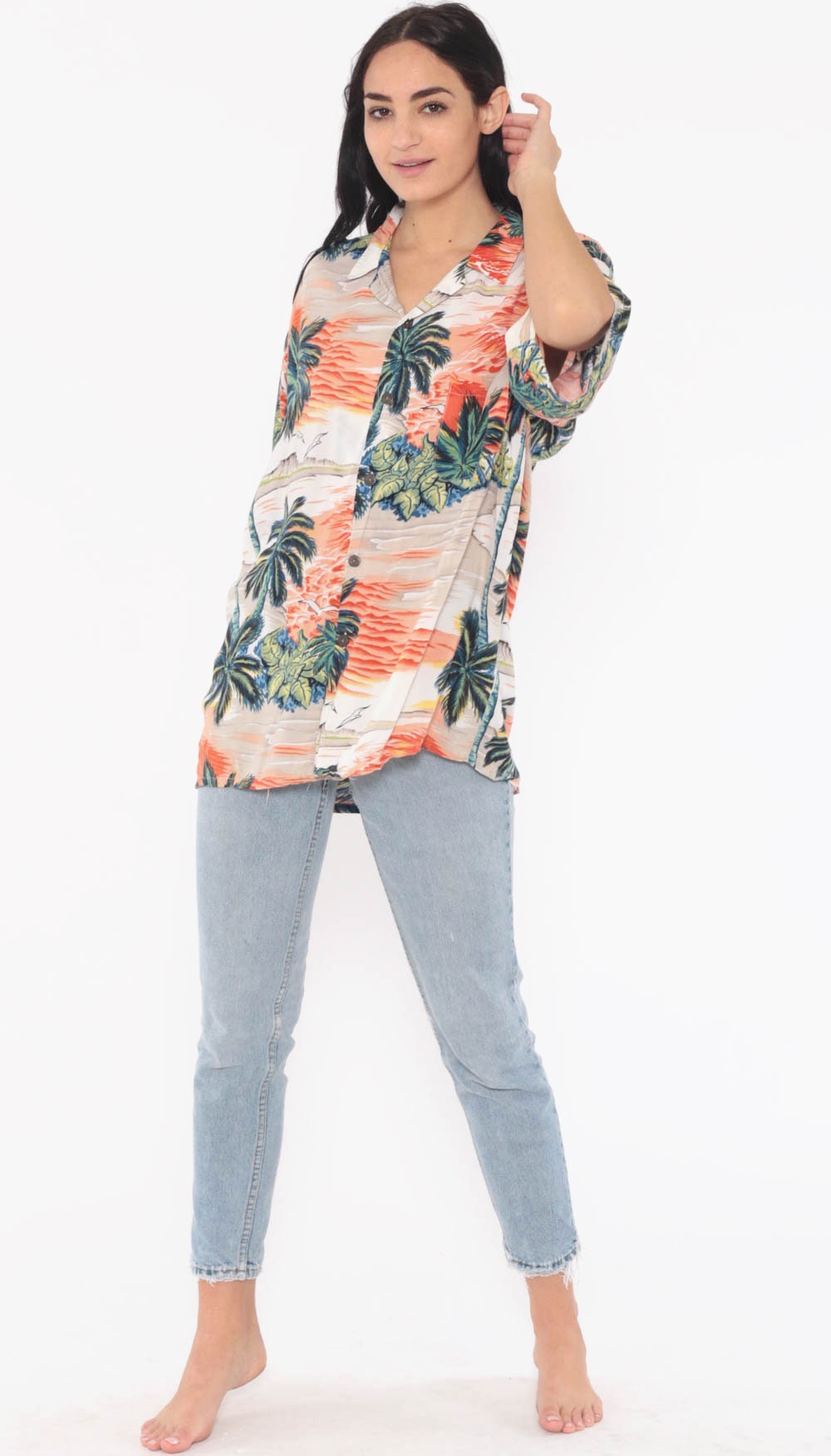 90s Hawaiian Shirt Tropical Palm Tree Print Button Up Orange Extra Large