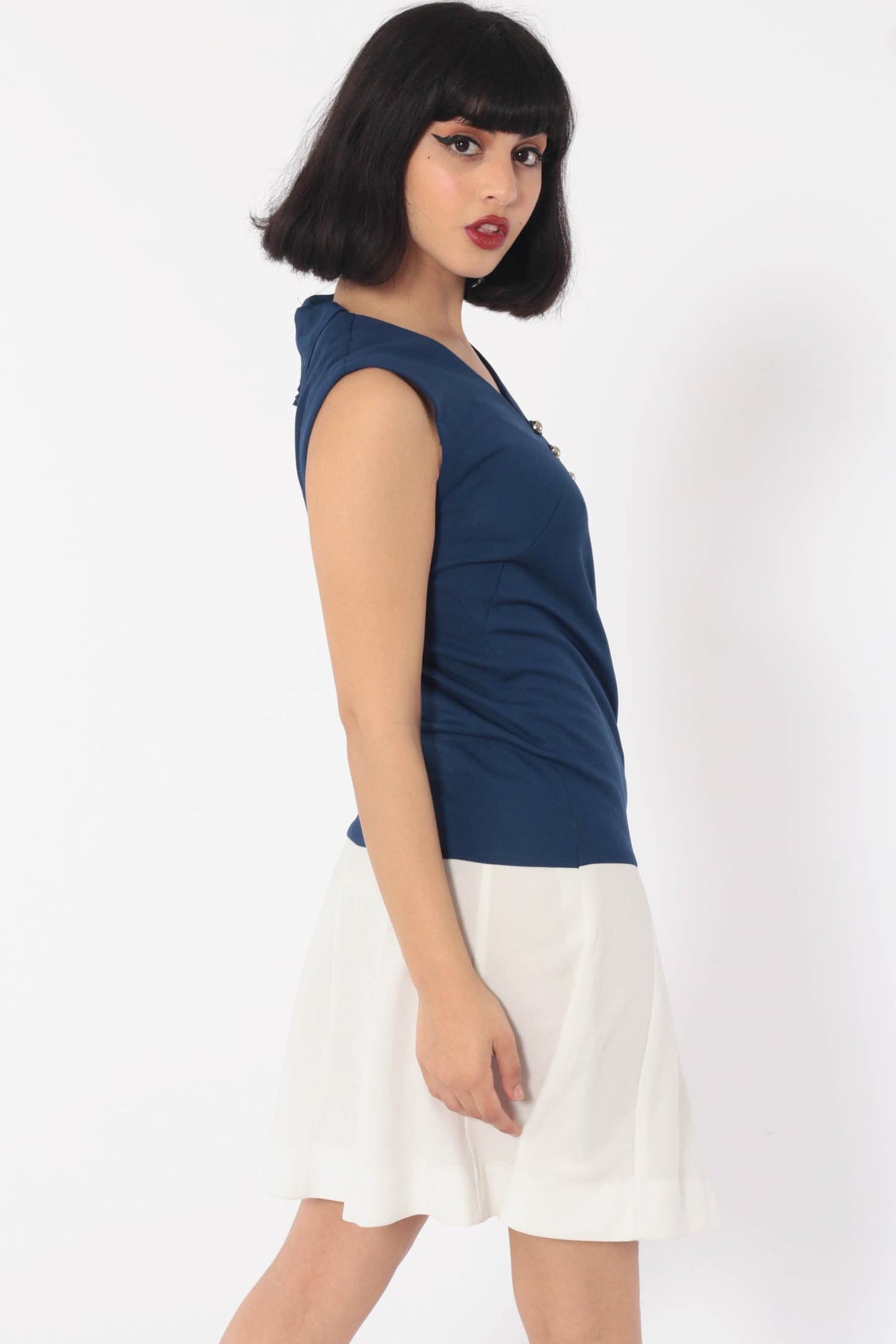 60s Mod Mini Dress Drop Waist Button Front Dark Blue Small