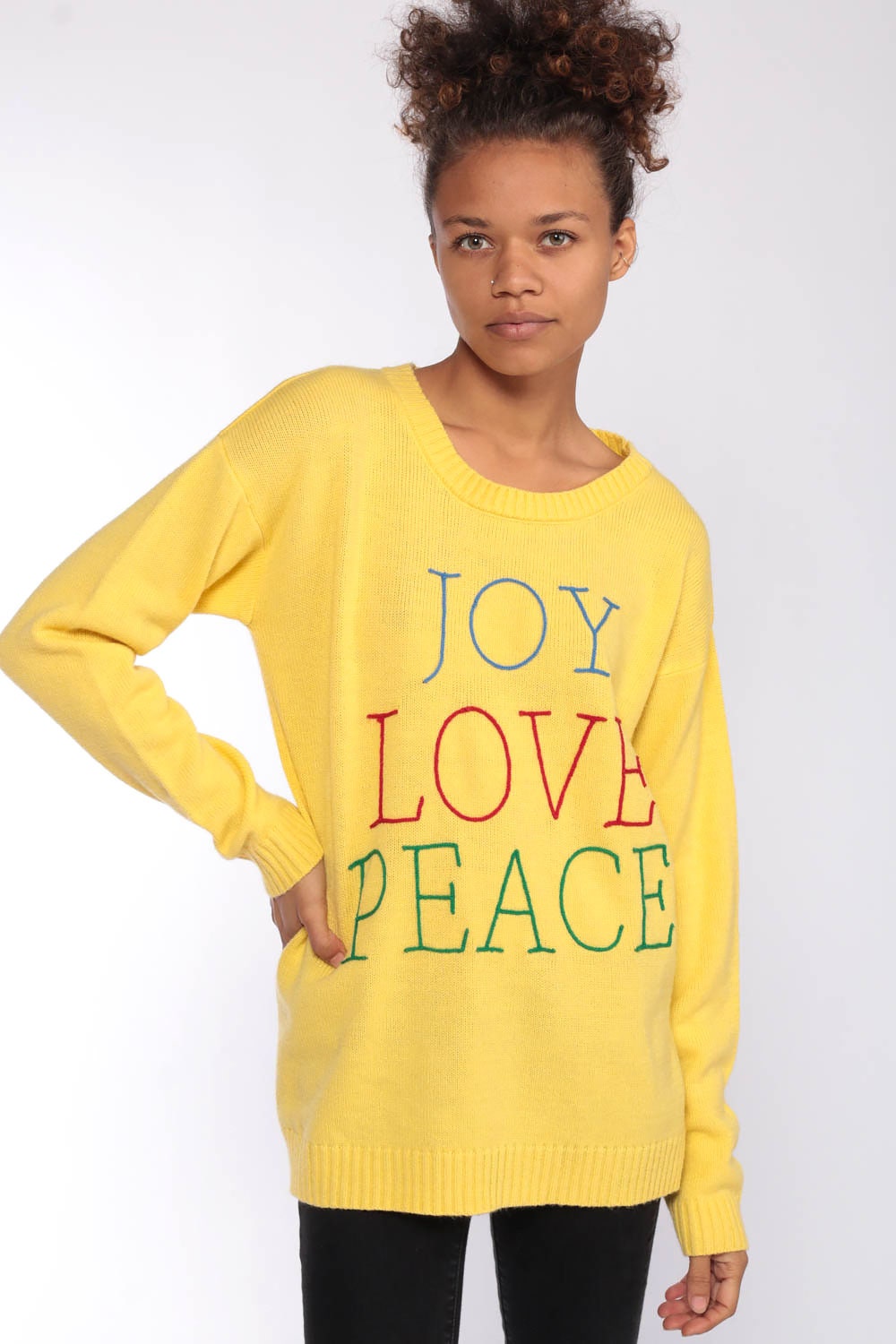 1970s Yellow Joy Love Peace Knit Sweater Pullover Small Medium