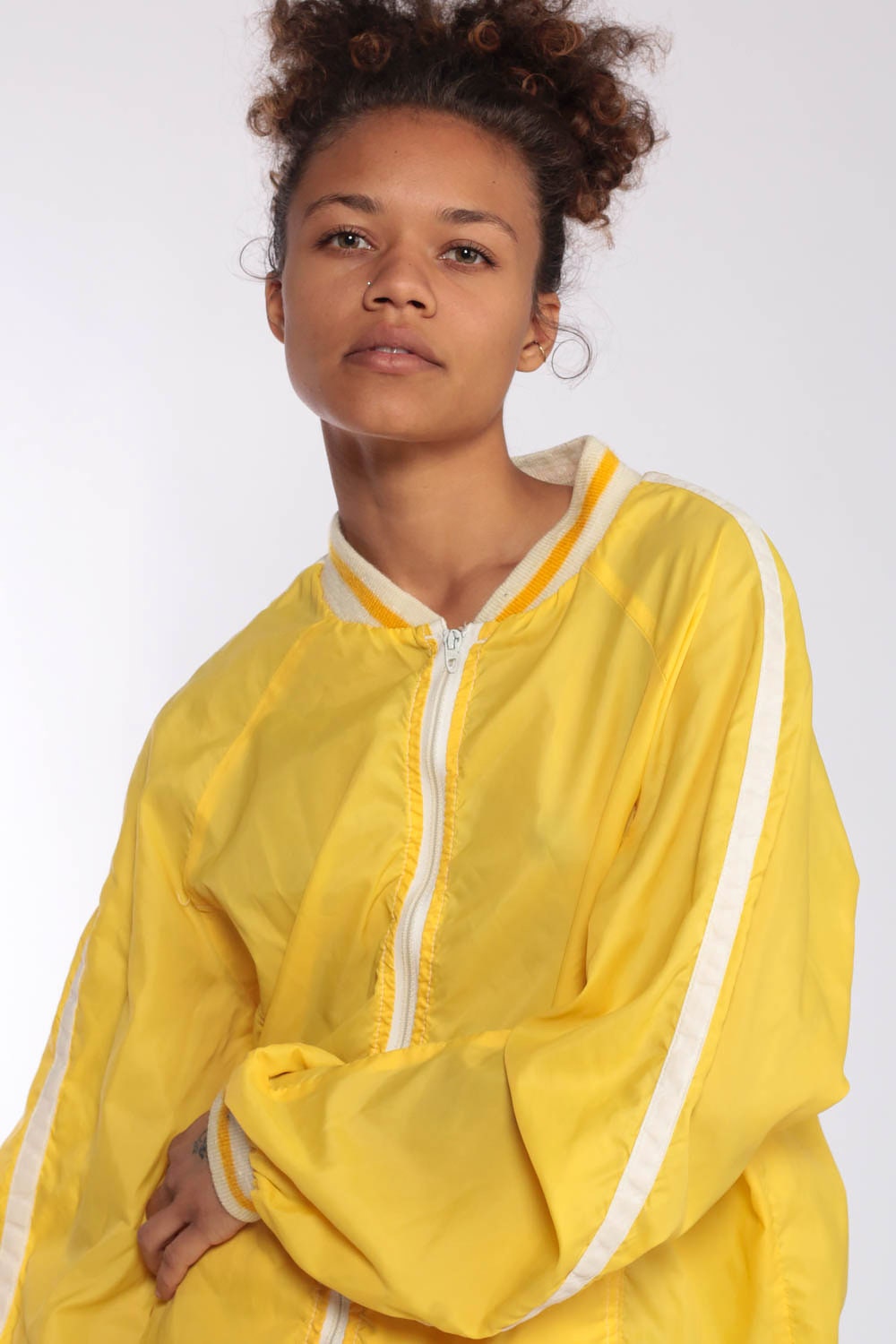 80s Yellow Nylon Windbreaker Jacket Striped Raglan Zip-Up Large