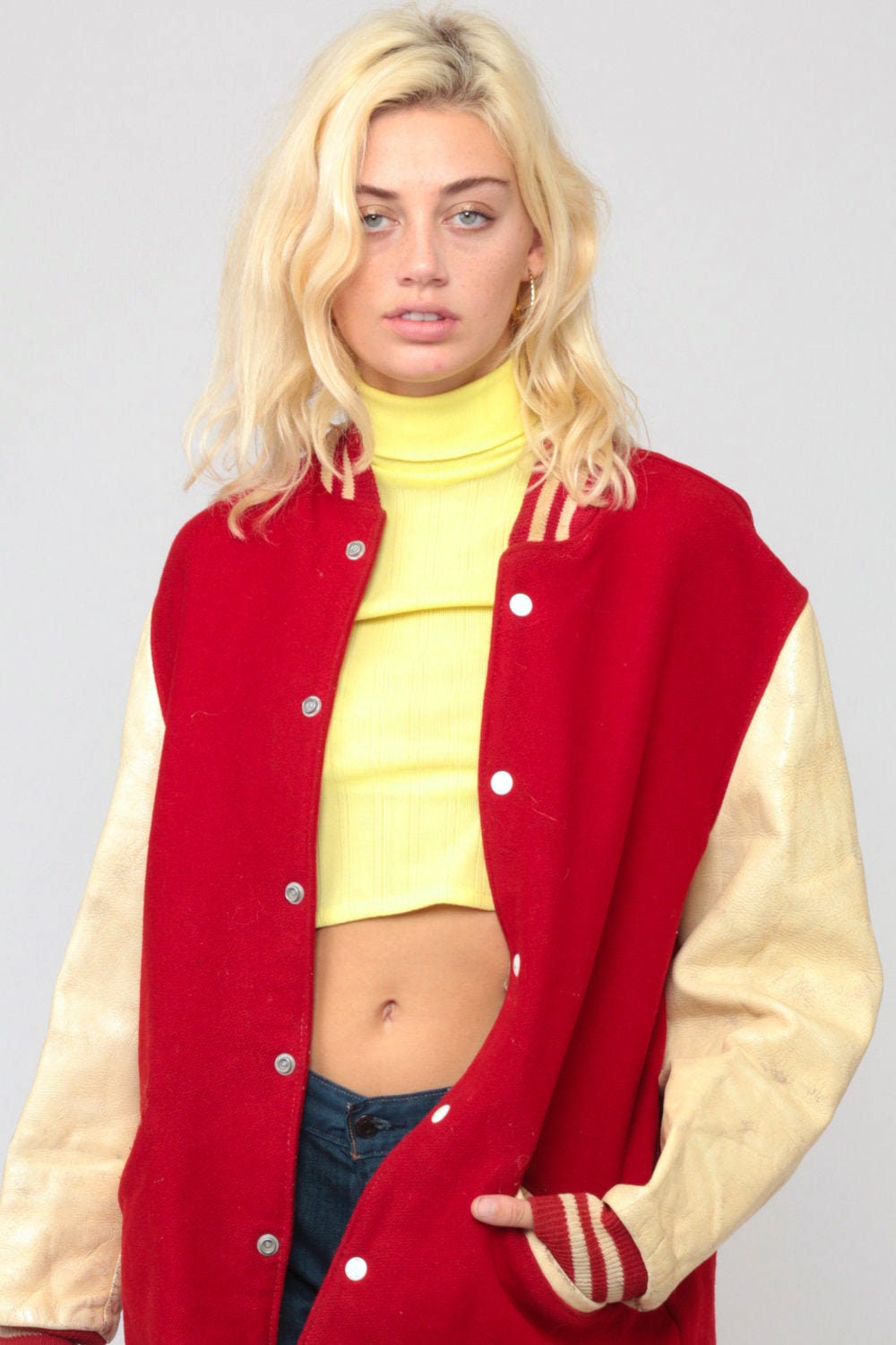 80s Wool Varsity Jacket Red Leather Sleeves Unisex Large