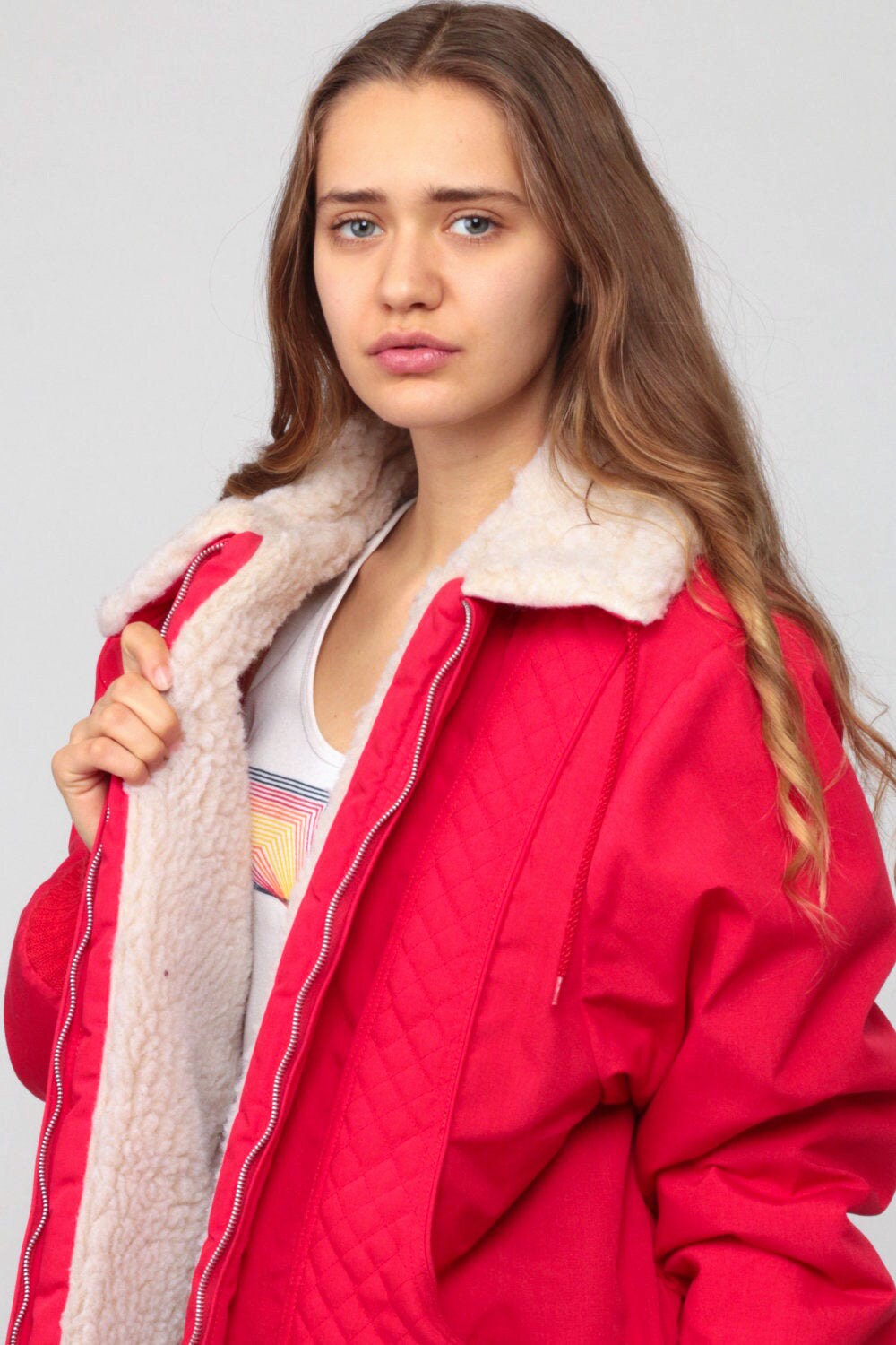 70s Red Puffer Ski Jacket Sherpa Lining Zip Front Large