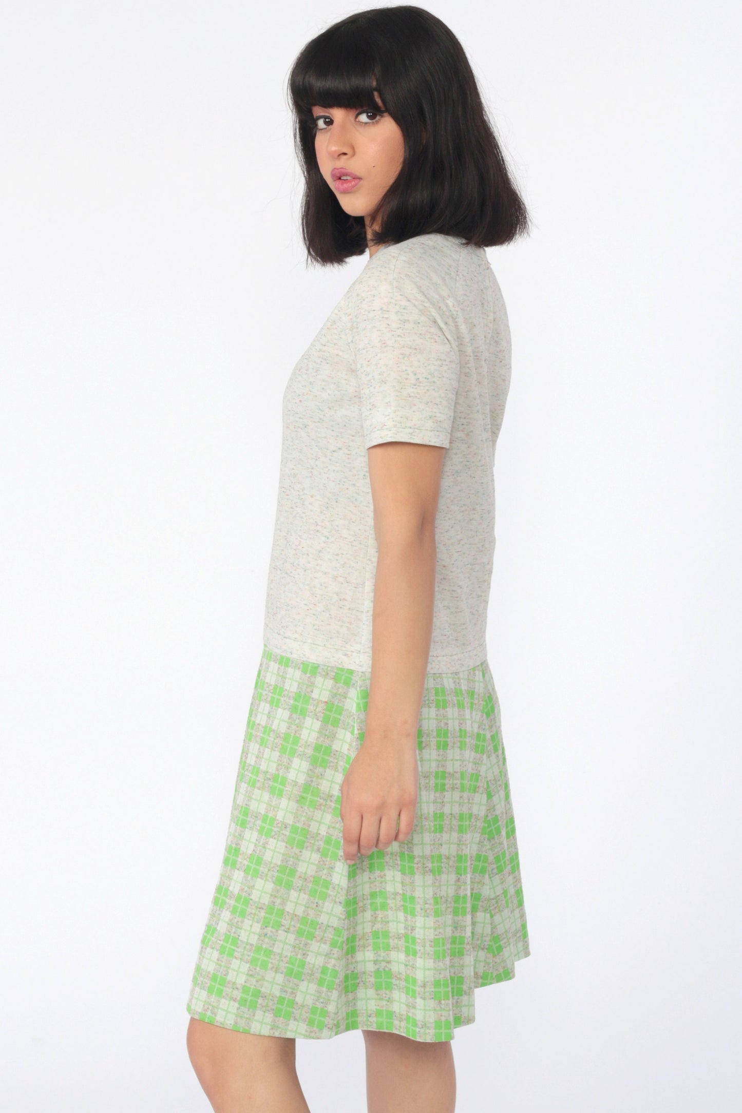 60s Mod Plaid Drop Waist Shift Dress Short Sleeve Knee-Length Medium