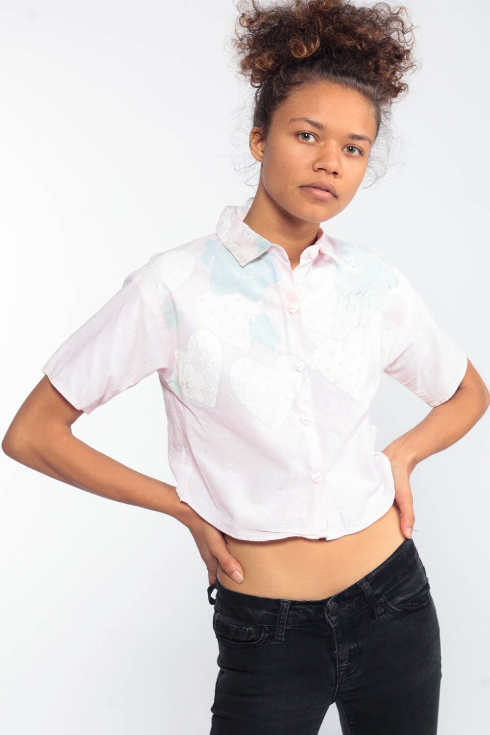 80s Heart Floral Button Up Blouse Baby Pink Glitter Print Extra Small XXS