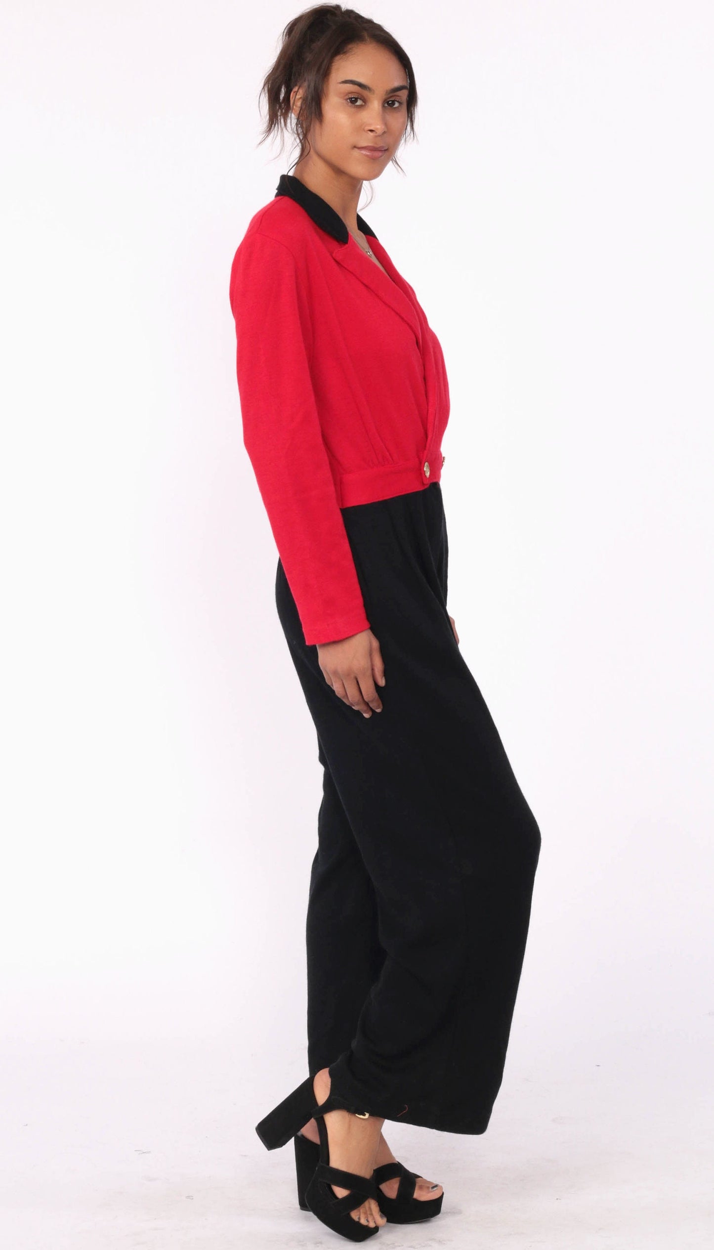 80s Color Block Jumpsuit Red Black Wrap V-Neck Small