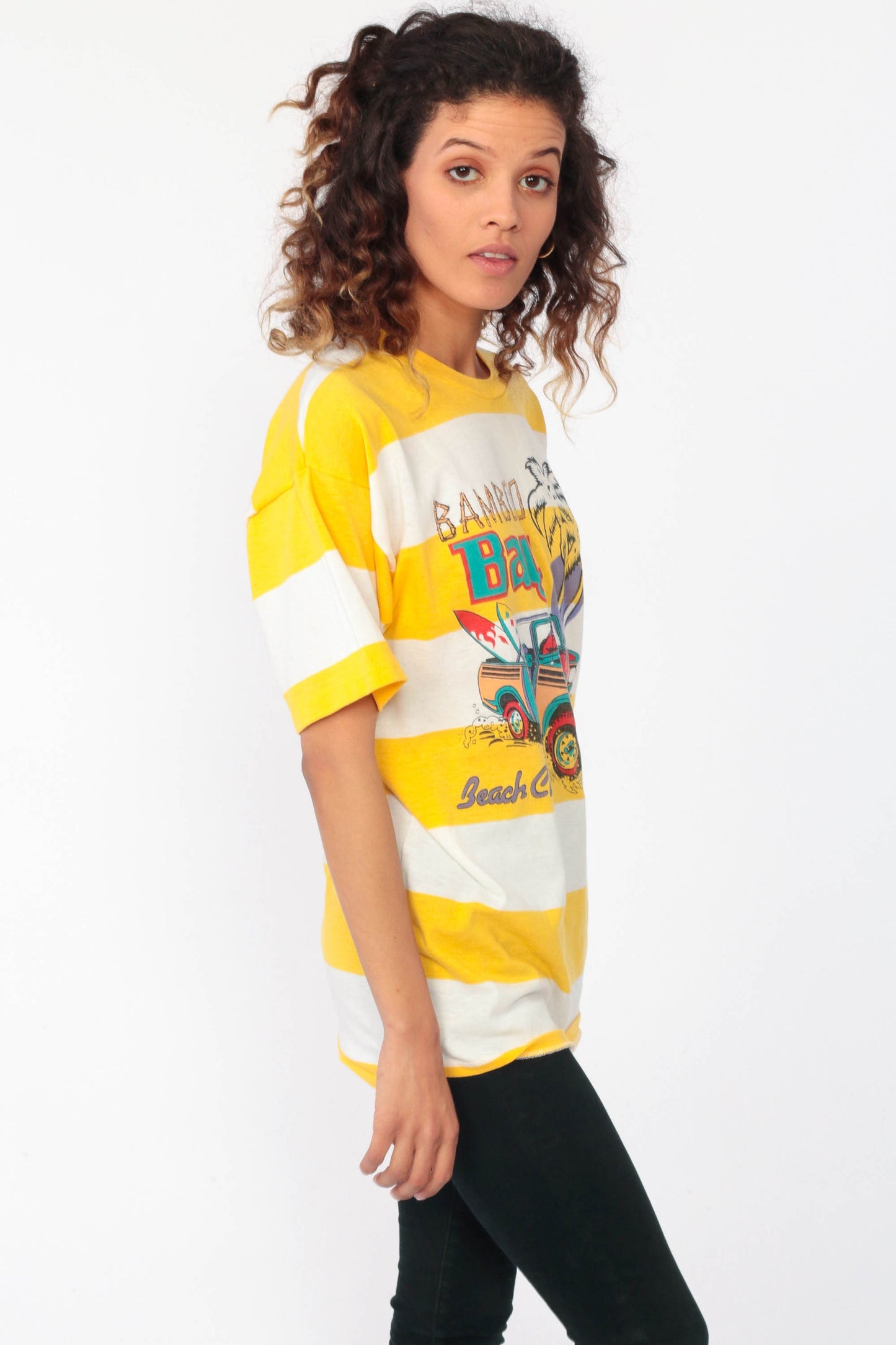 90s Bamboo Bay Surfer Graphic T-Shirt Yellow Striped Small