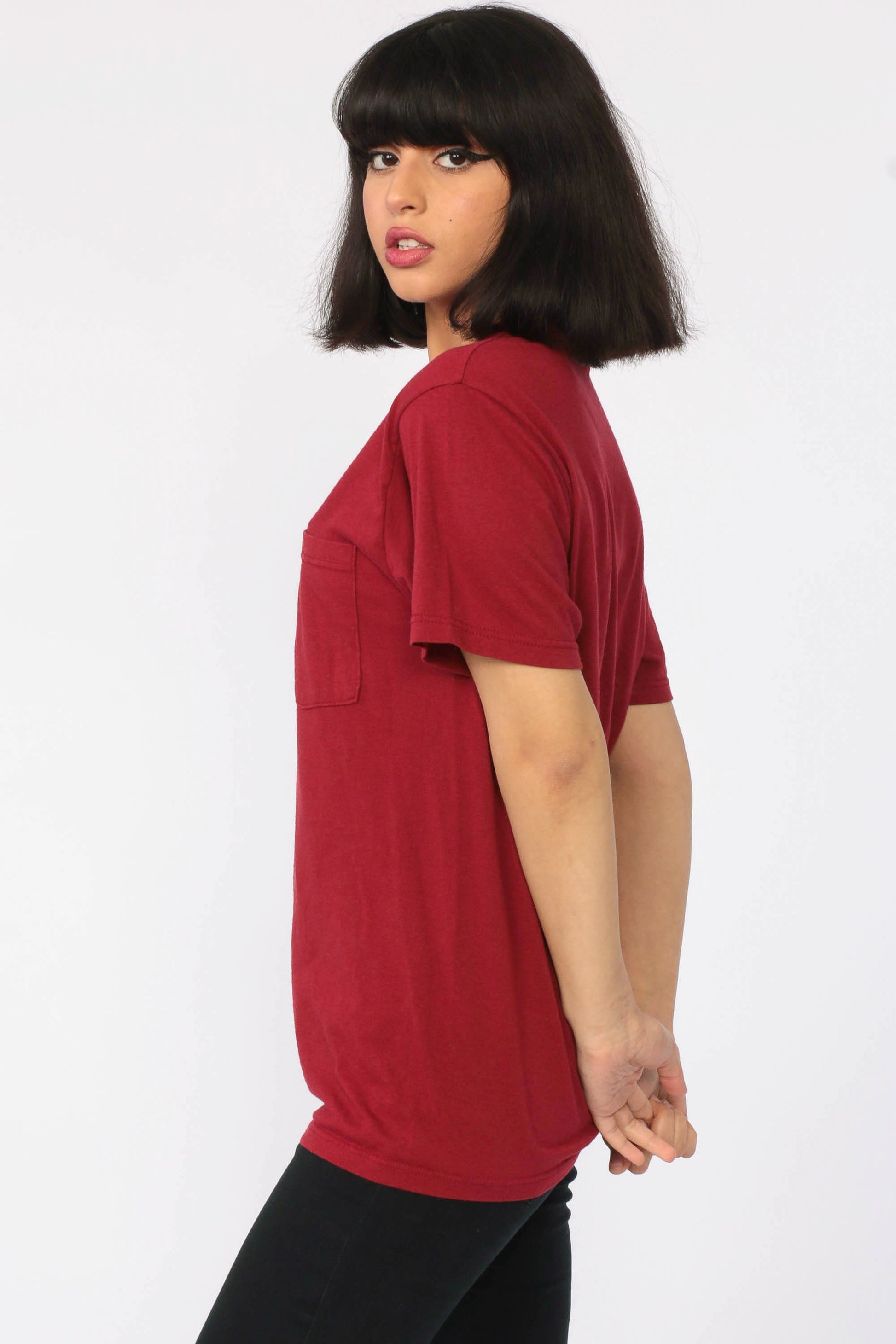 80s Burgundy Cotton Pocket T-Shirt Plain Tee Extra Small