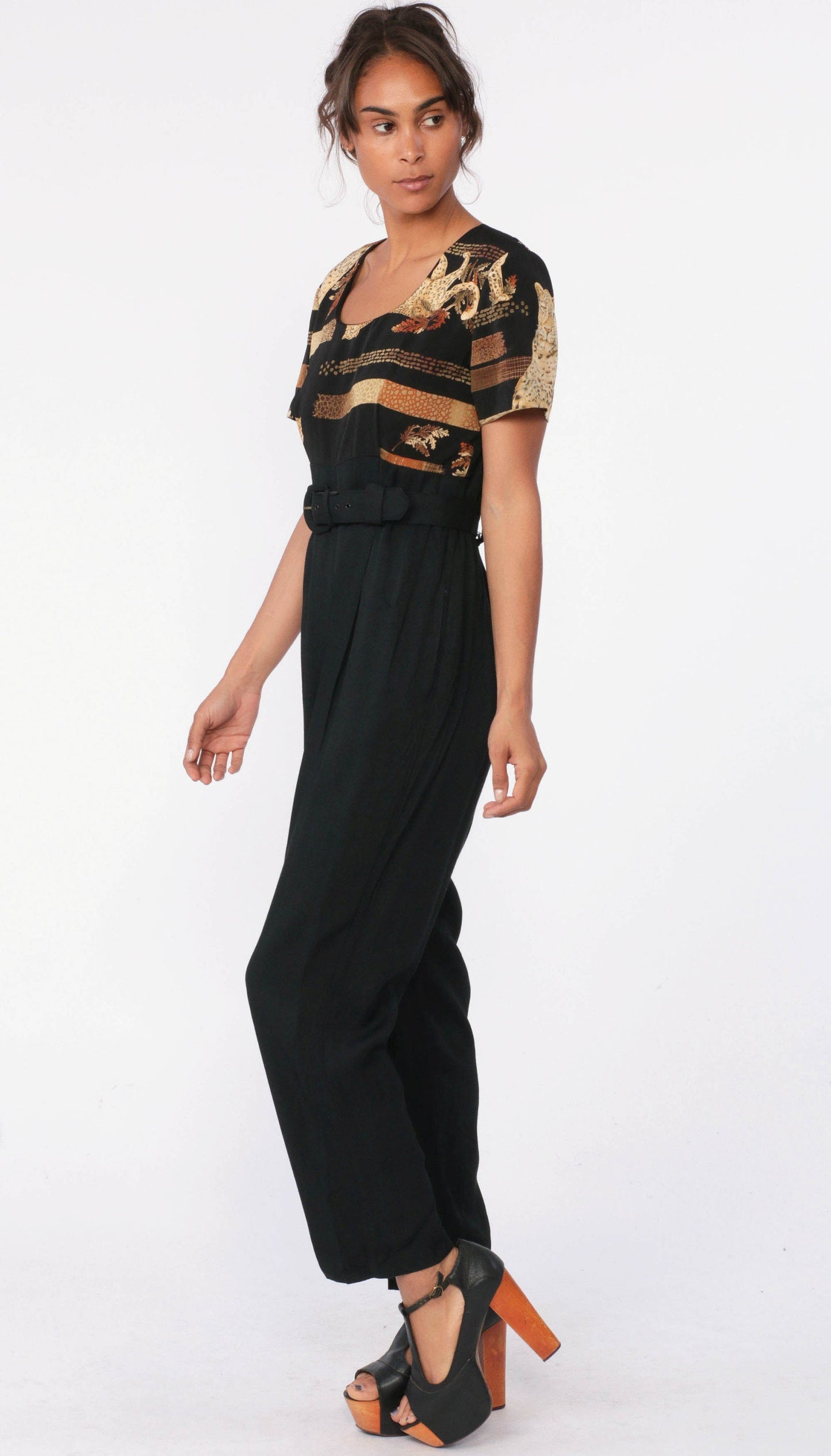 80s Animal Print Jumpsuit Black Belted High Waisted Tapered Medium 8