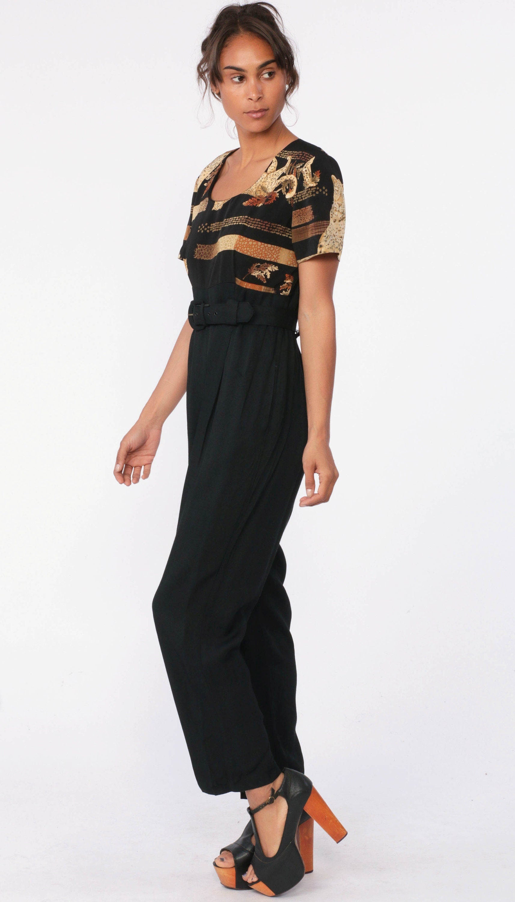 80s Animal Print Jumpsuit Black Belted High Waisted Tapered Medium 8