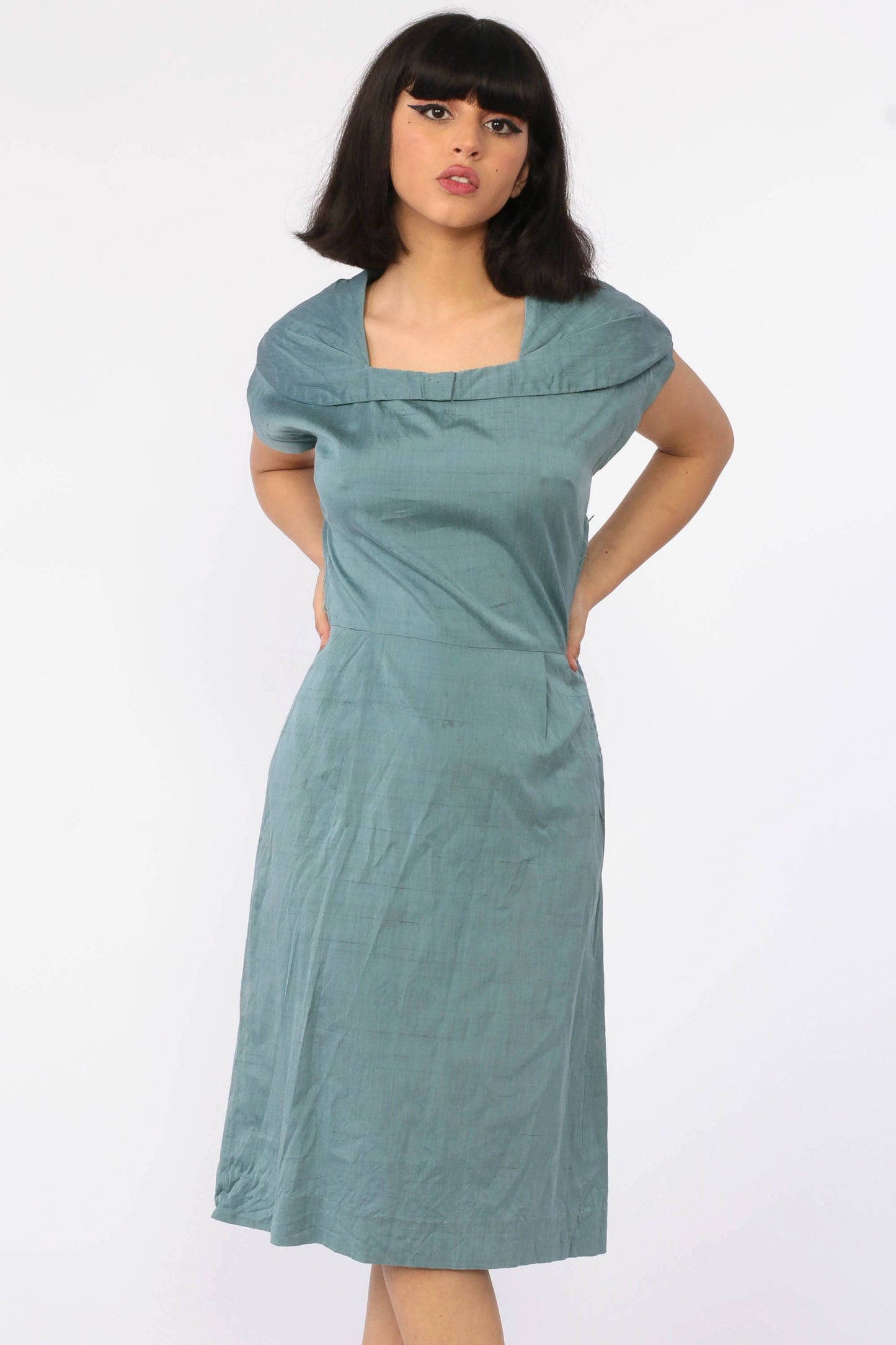 1950s Blue Sailor Collar Sheath Dress Wiggle Skirt Cap Sleeve Small