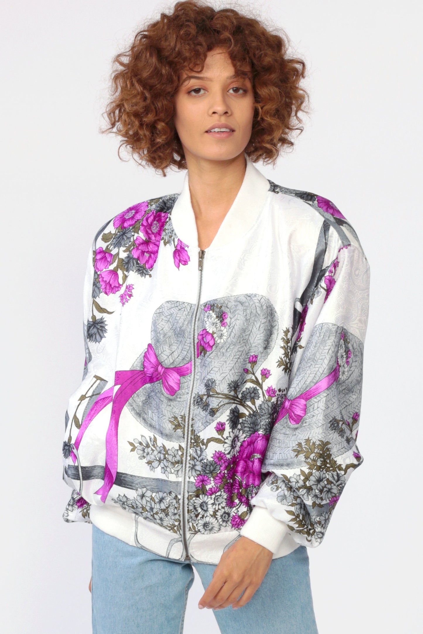 90s Floral Hat Print Windbreaker Jacket White Purple Medium