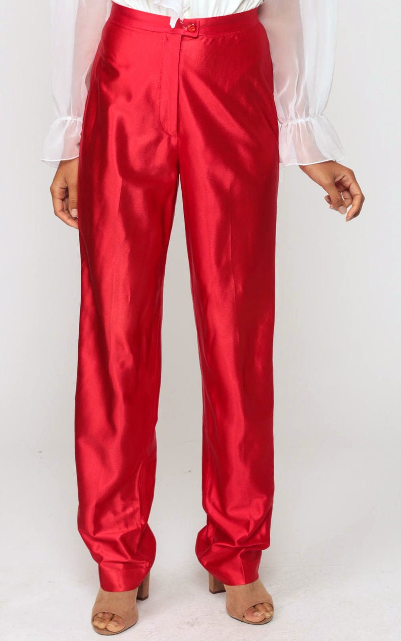 70s Red Disco Pants High Waisted Straight Leg Shiny Trousers Small