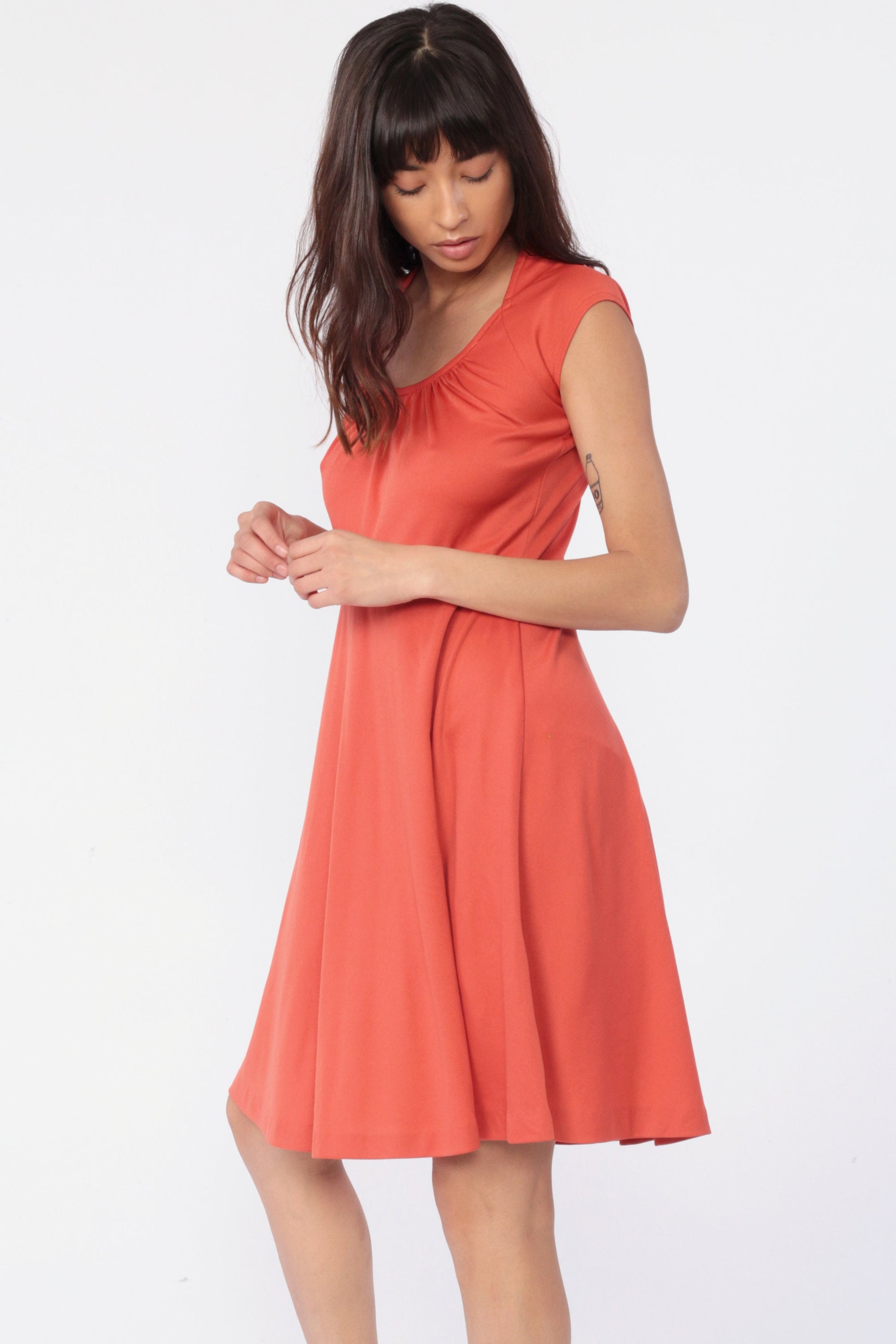 70s Orange Grecian Mini Dress Cap Sleeve Flared Round Neck Small