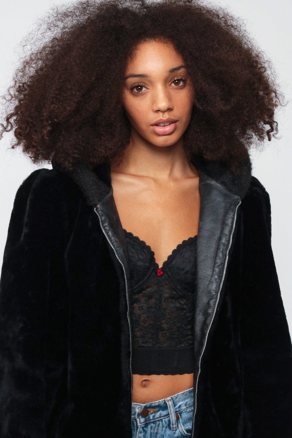 80s Black Faux Fur Hooded Jacket Zip Front Leather Trim Extra Large XXL