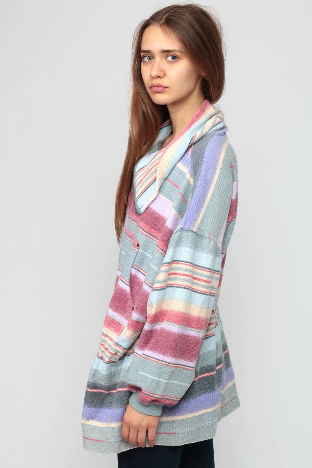 90s Striped Anorak Jacket Drawstring Waist Pink Green Cotton Extra Large XXL