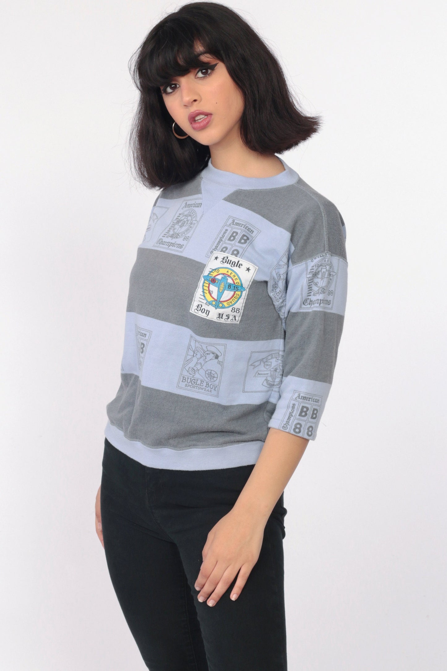 80s Bugle Boy Sweatshirt Purple Airplane Striped Crewneck Small