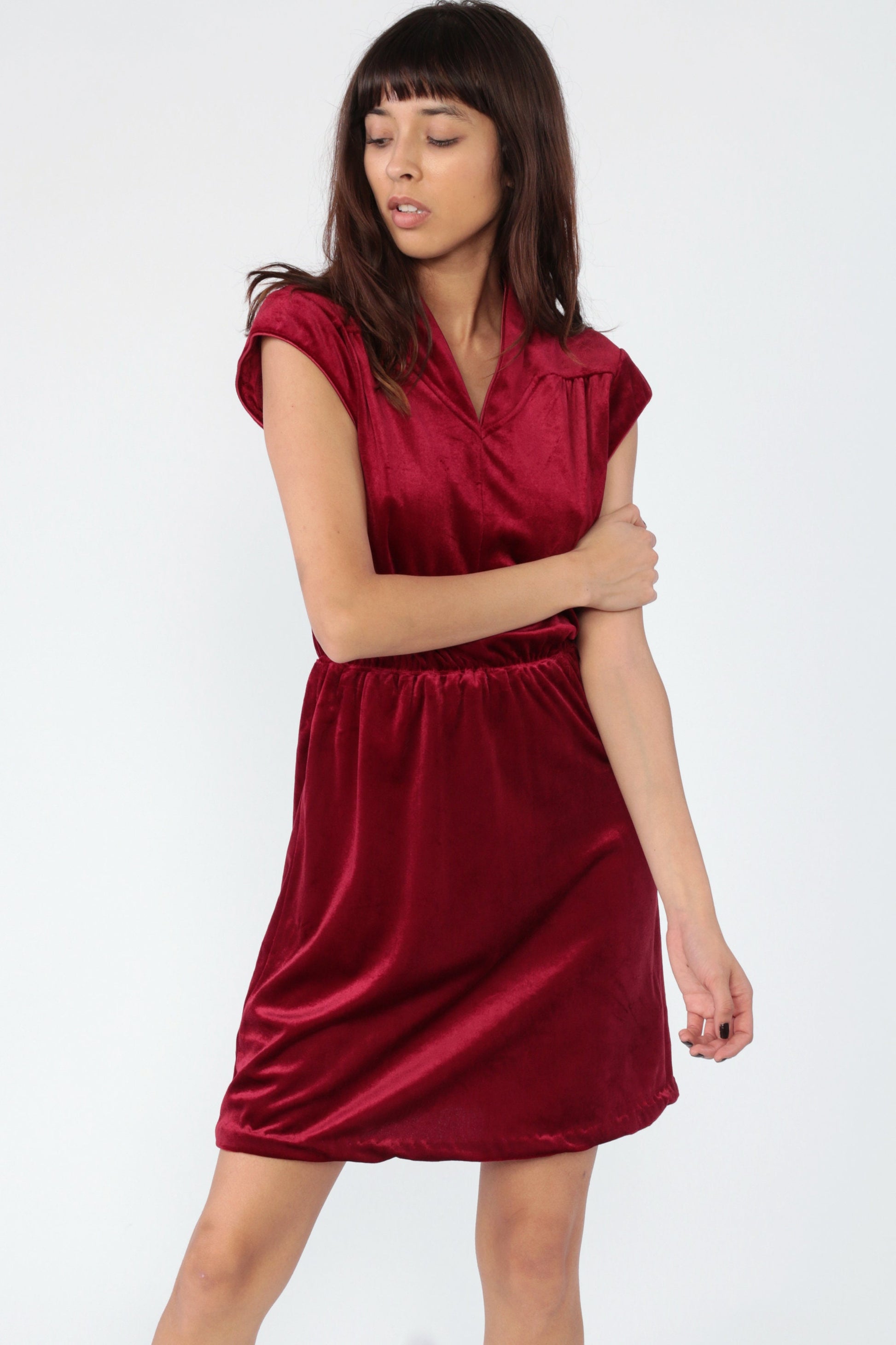 70s Dark Red Velvet Mini Dress Cap Sleeve High Waist Small Medium