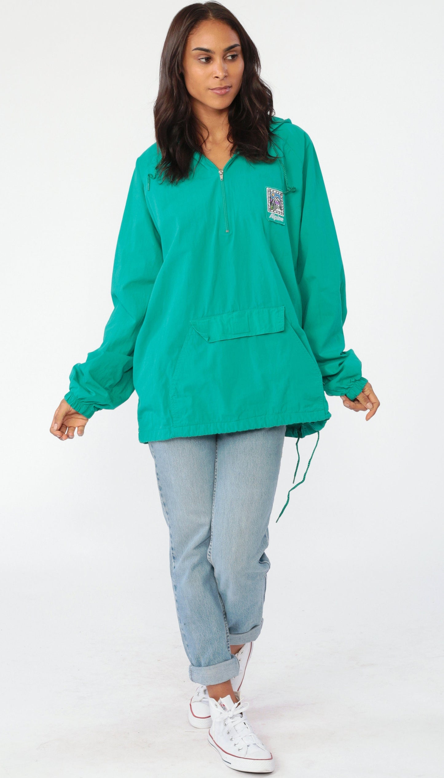 90s Alpine Mountain Hooded Windbreaker Jacket Green Cotton Pullover Large