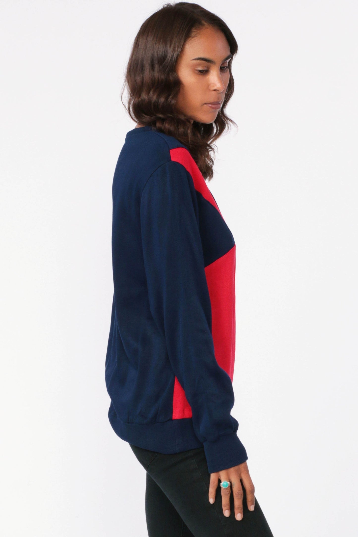 80s Color Block Sweatshirt Navy Blue Red Crewneck Pullover Small