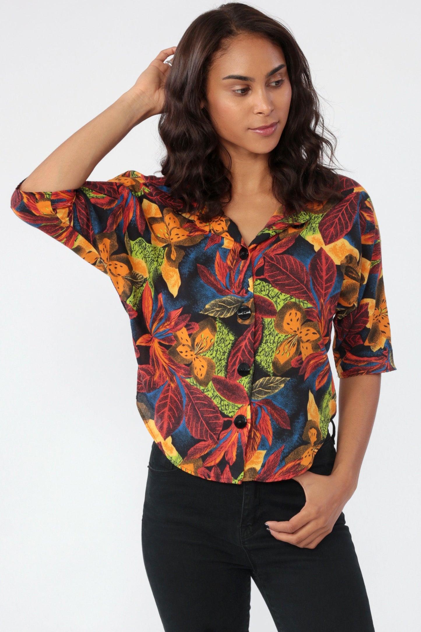 80s Tropical Floral Button-Up Blouse 3/4 Sleeve Crop Top Small Medium