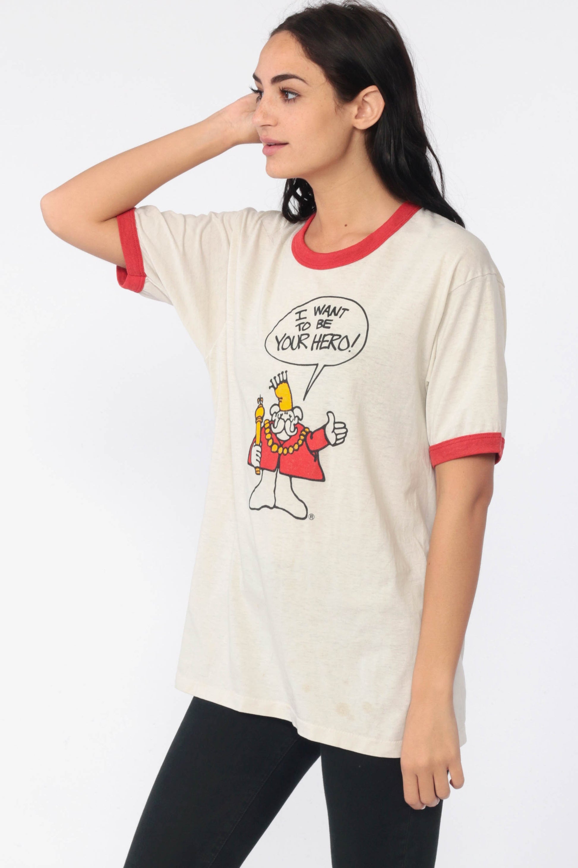 80s Hero King Ringer T-Shirt Graphic Tee I Want To Be Your Hero Medium