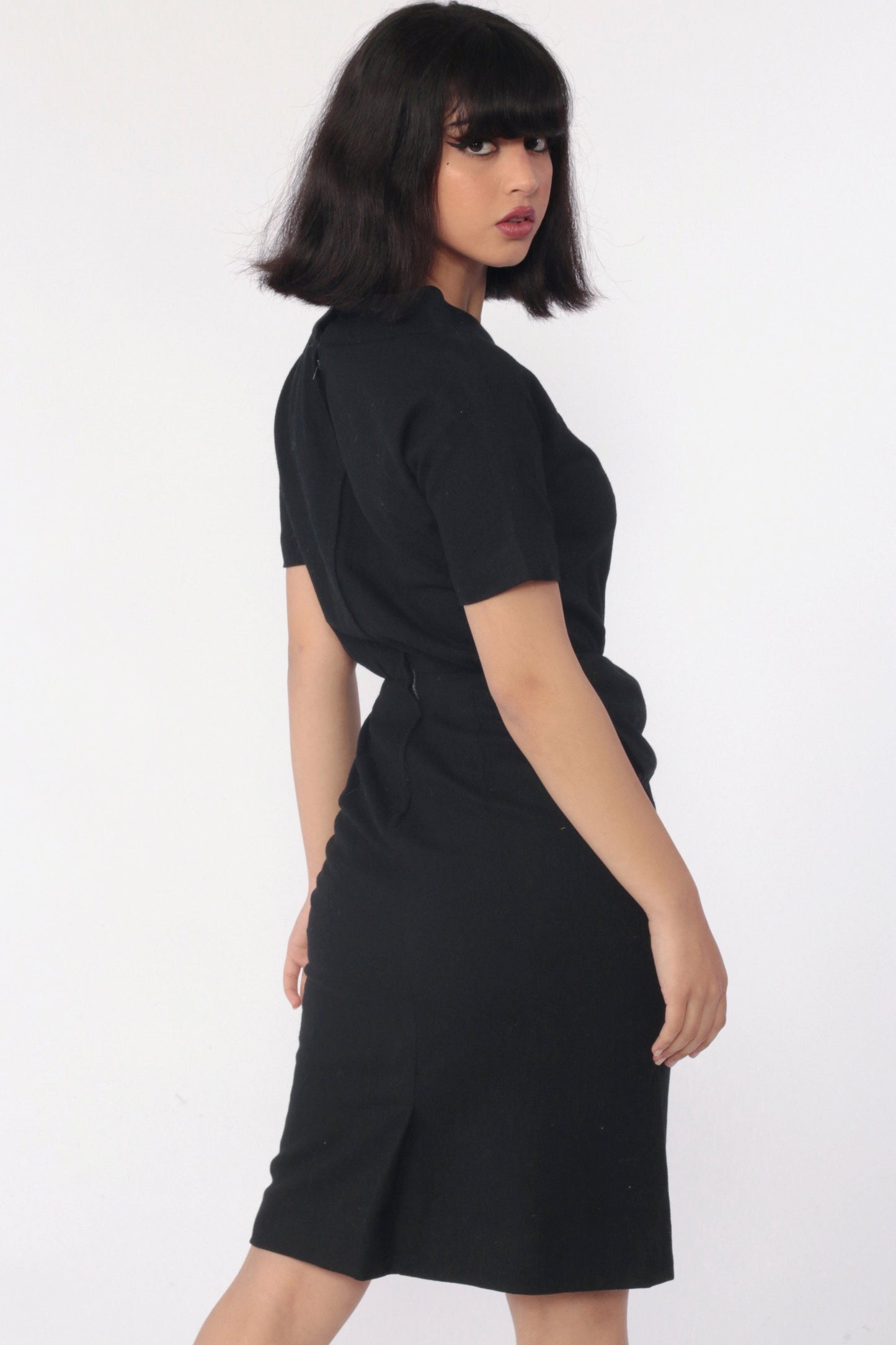 1960s Sue Brett Junior Black Wool Mini Sheath Dress Cap Sleeve Extra Small