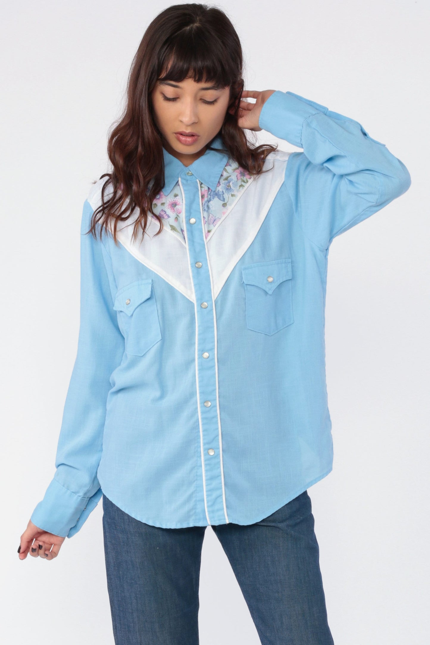 80s Western Butterfly Pearl Snap Blouse Baby Blue Long Sleeve Large