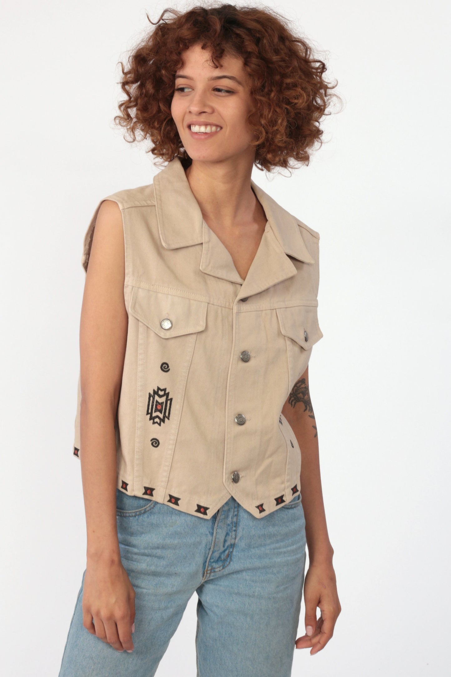 80s Watch LA Denim Vest Tan Southwestern Bear Print Medium