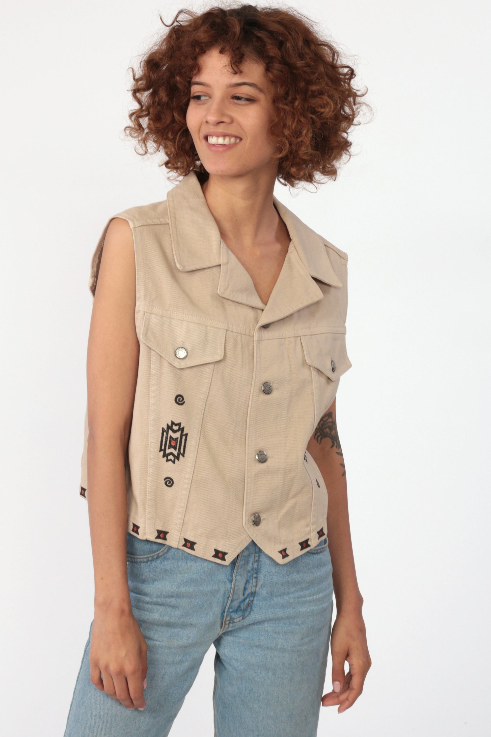 80s Watch LA Denim Vest Tan Southwestern Bear Print Medium
