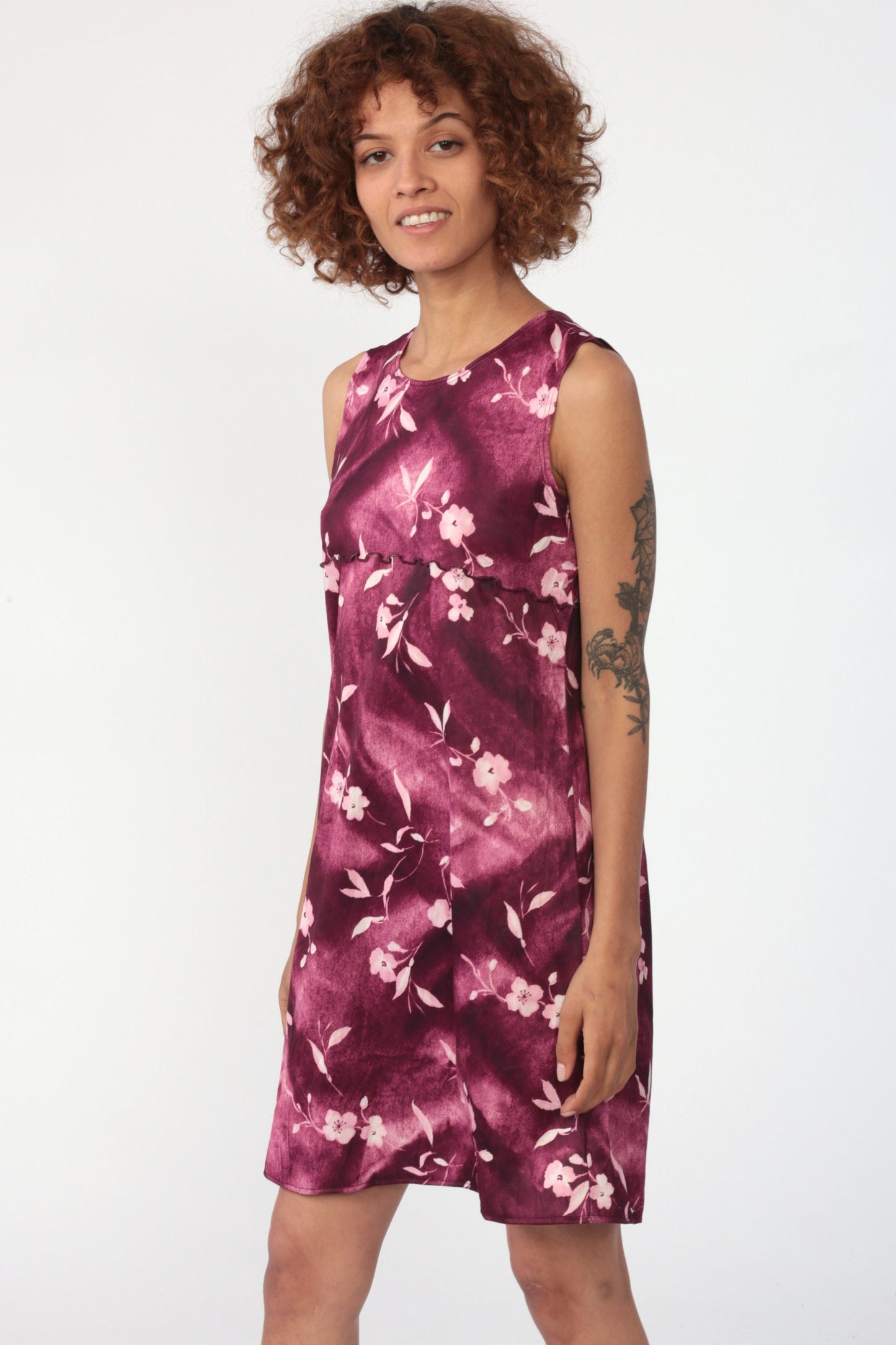 90s Floral Mini Dress Purple White Lettuce Edge Sleeveless Sheath Small