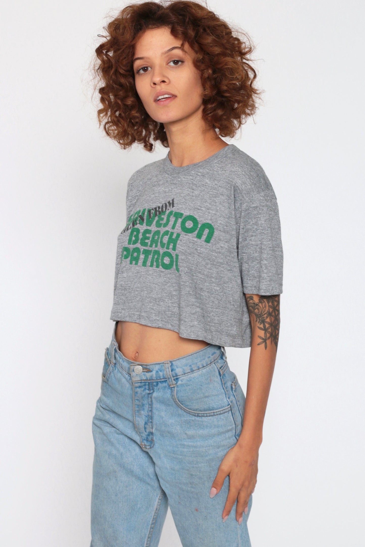 80s Galveston Beach Patrol Graphic Crop Top Grey Cotton Tee Extra Small
