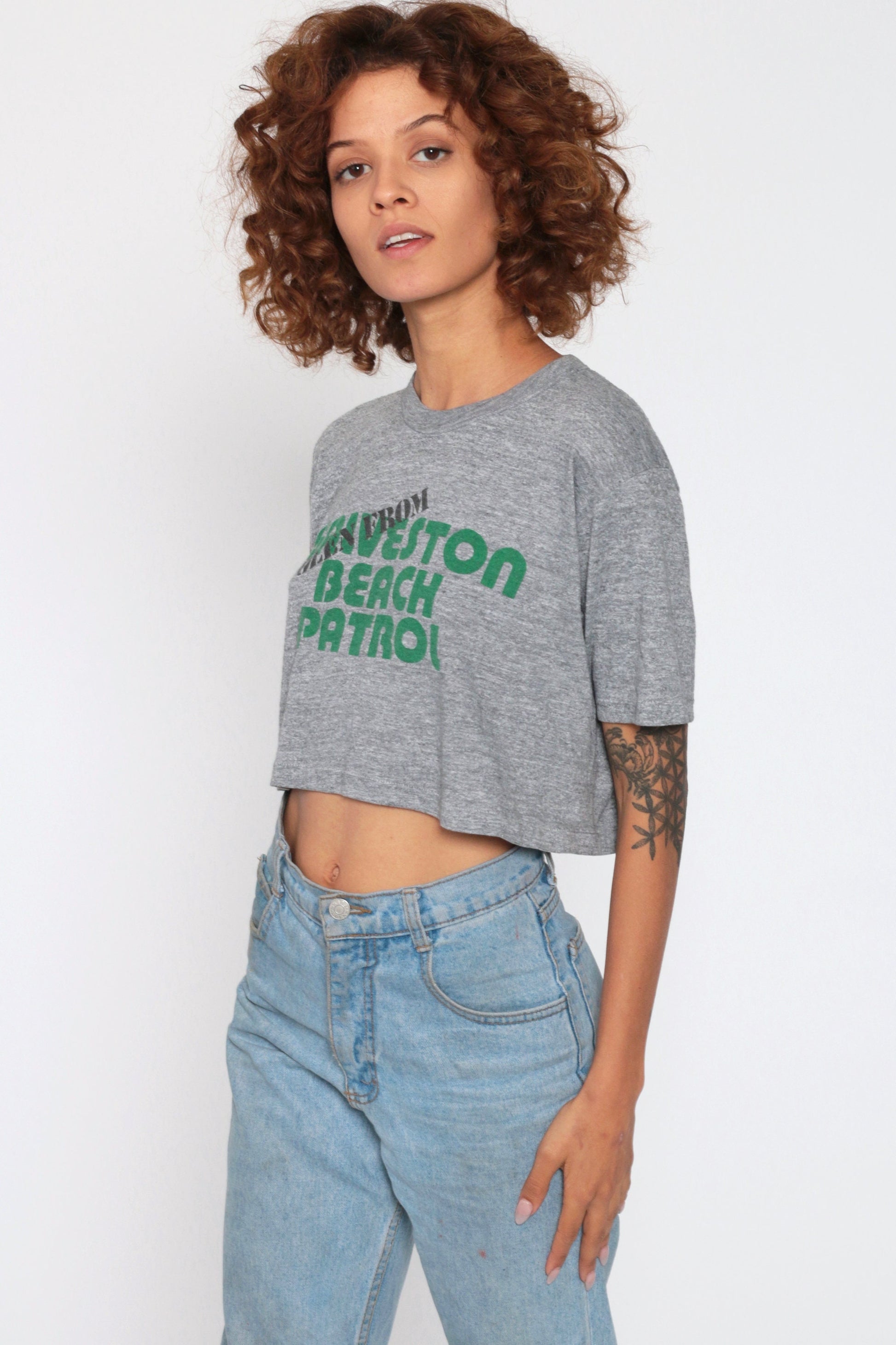 80s Galveston Beach Patrol Graphic Crop Top Grey Cotton Tee Extra Small