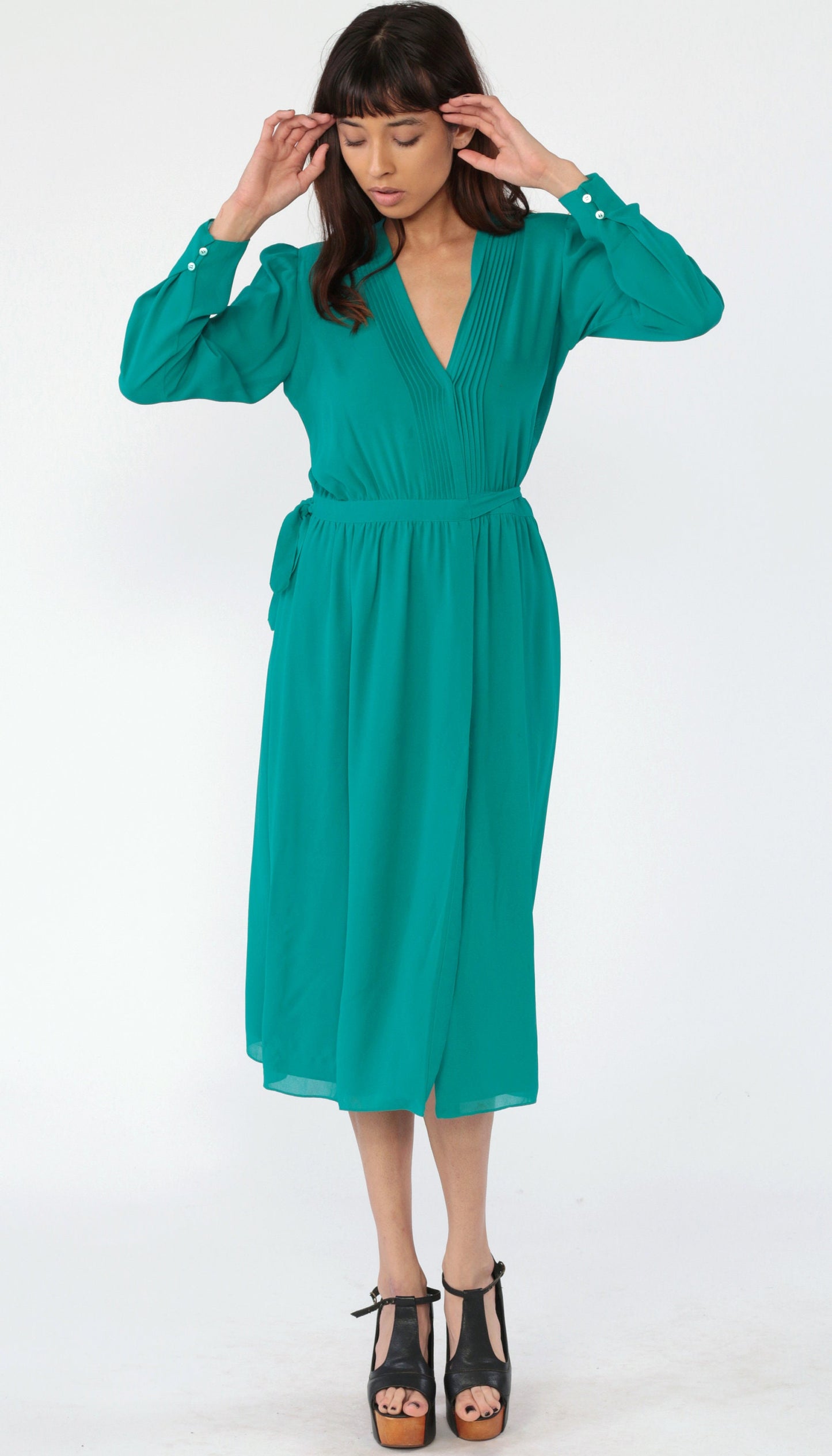 70s Teal Wrap Dress Deep V Neck Puff Sleeve High Waist Midi Small
