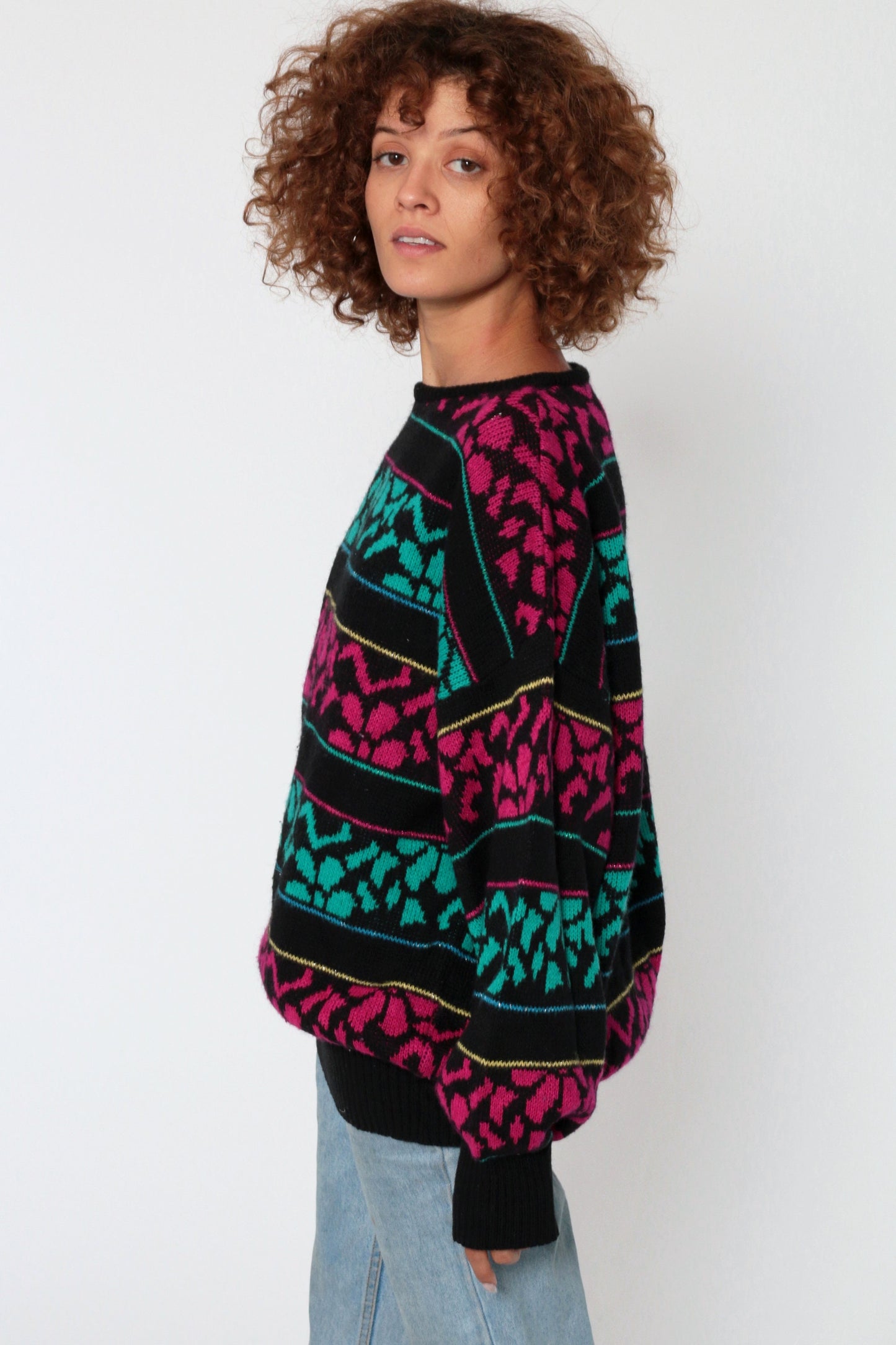 90s Metallic Floral Sweater Black Wool Acrylic Knit Pullover Large