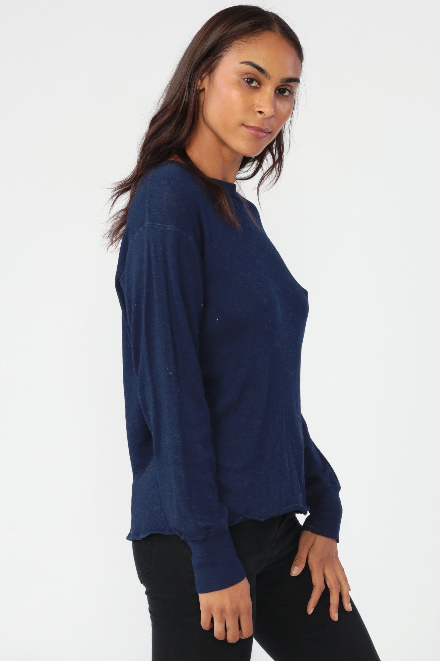 80s Navy Long Sleeve Athletic Shirt Polypropylene Stretchy Knit Extra Large XL