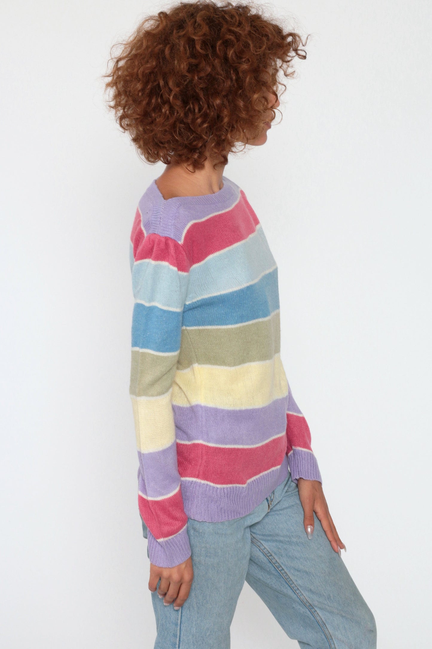 80s Pastel Striped Boatneck Sweater Puff Sleeve Knit Pullover Small