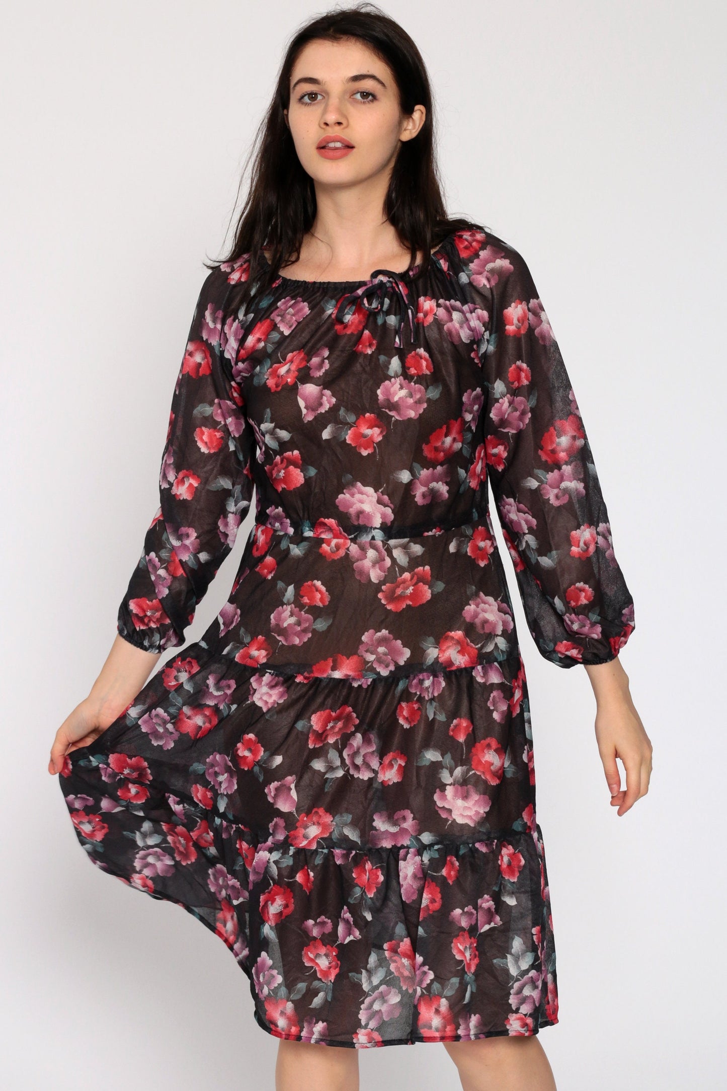70s Floral Print Midi Dress Tiered Sheer Black High Waist Small