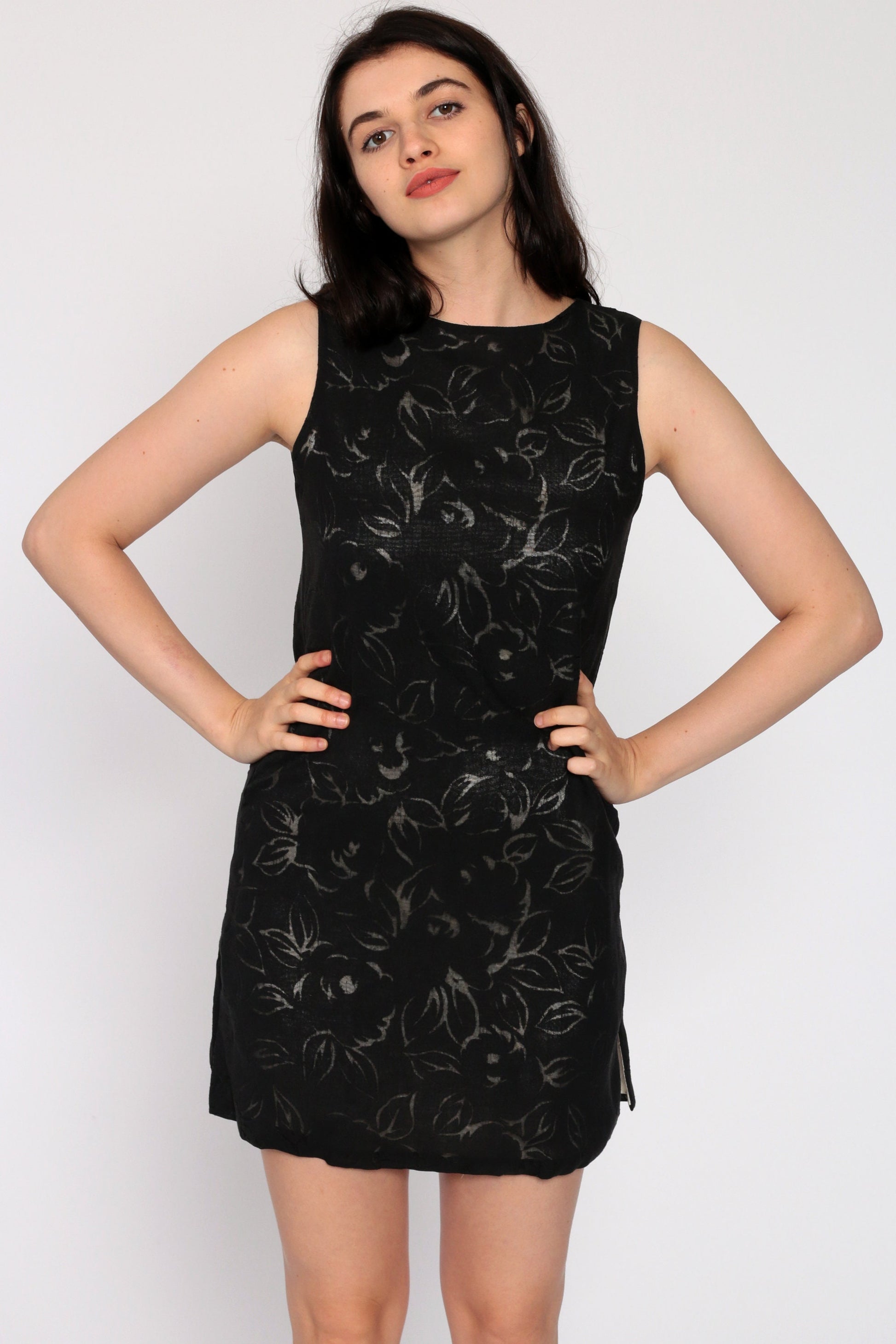 90s Black Floral Burnout Mini Dress Sleeveless Shift Extra Small