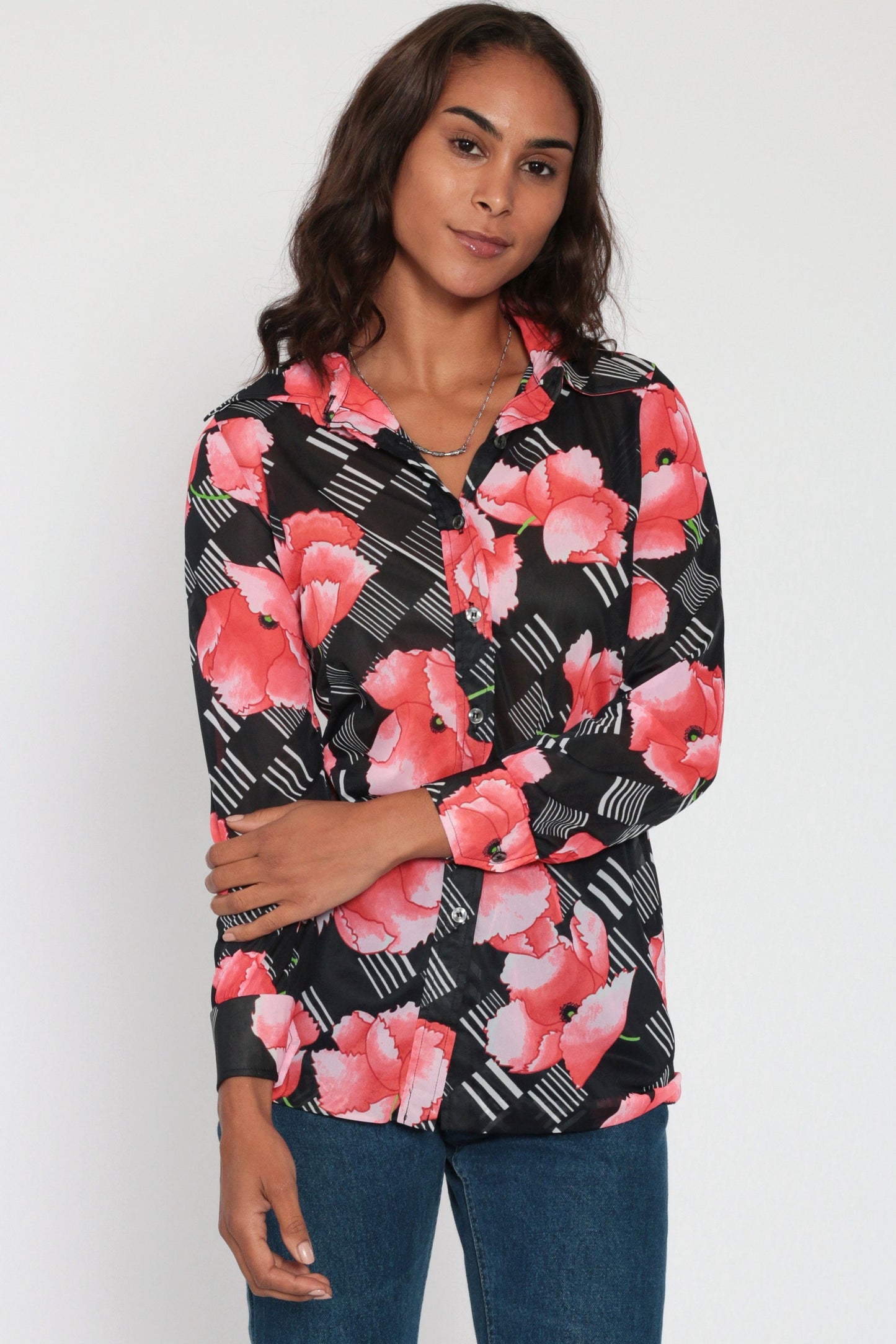 70s Jantzen Sheer Floral Poppy Blouse Black Pink Button Up Long Sleeve Small